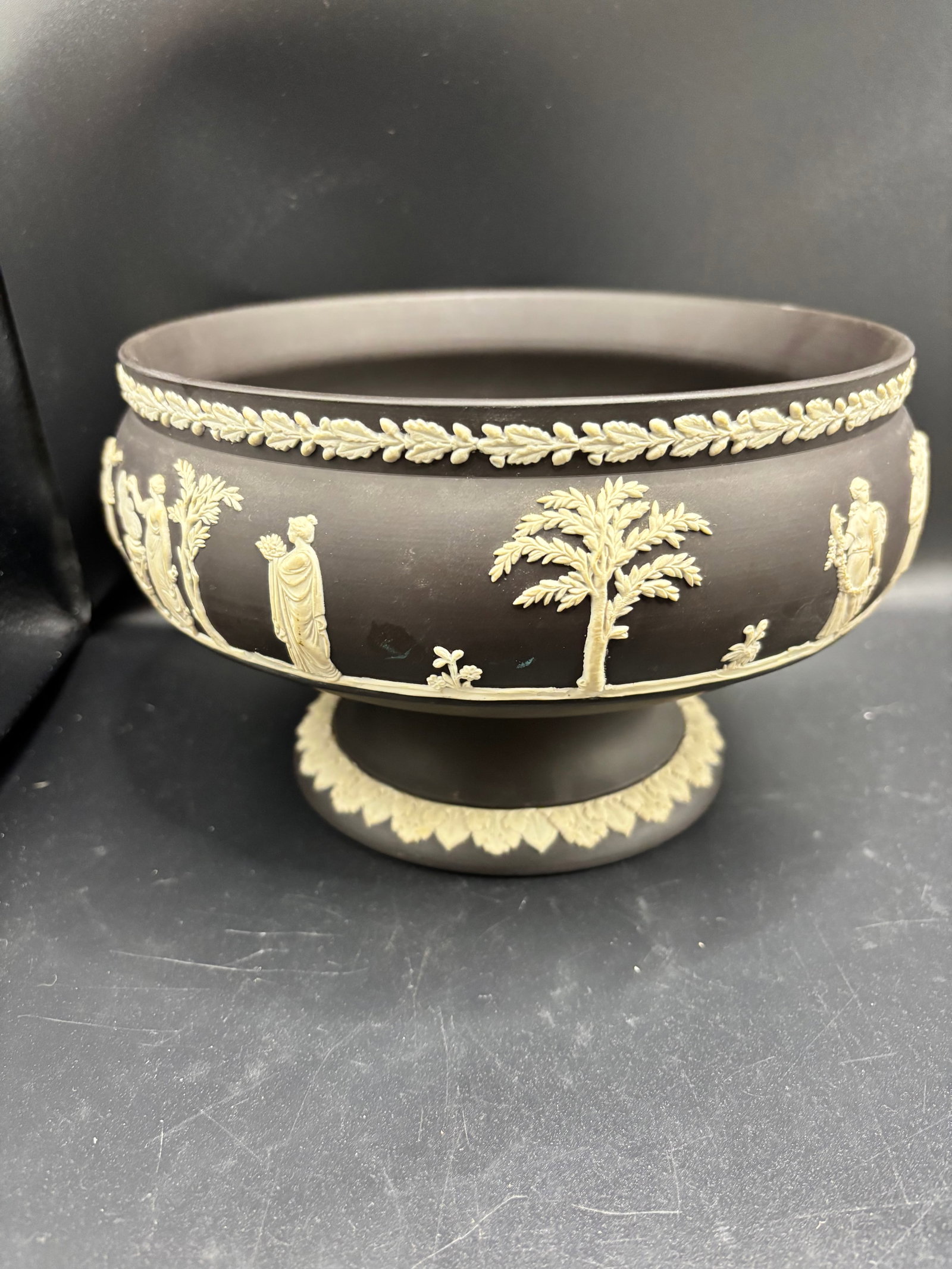 Vintage Wedgwood white on Black Jasperware Pedestal centerpiece Bowl (1 of 8)