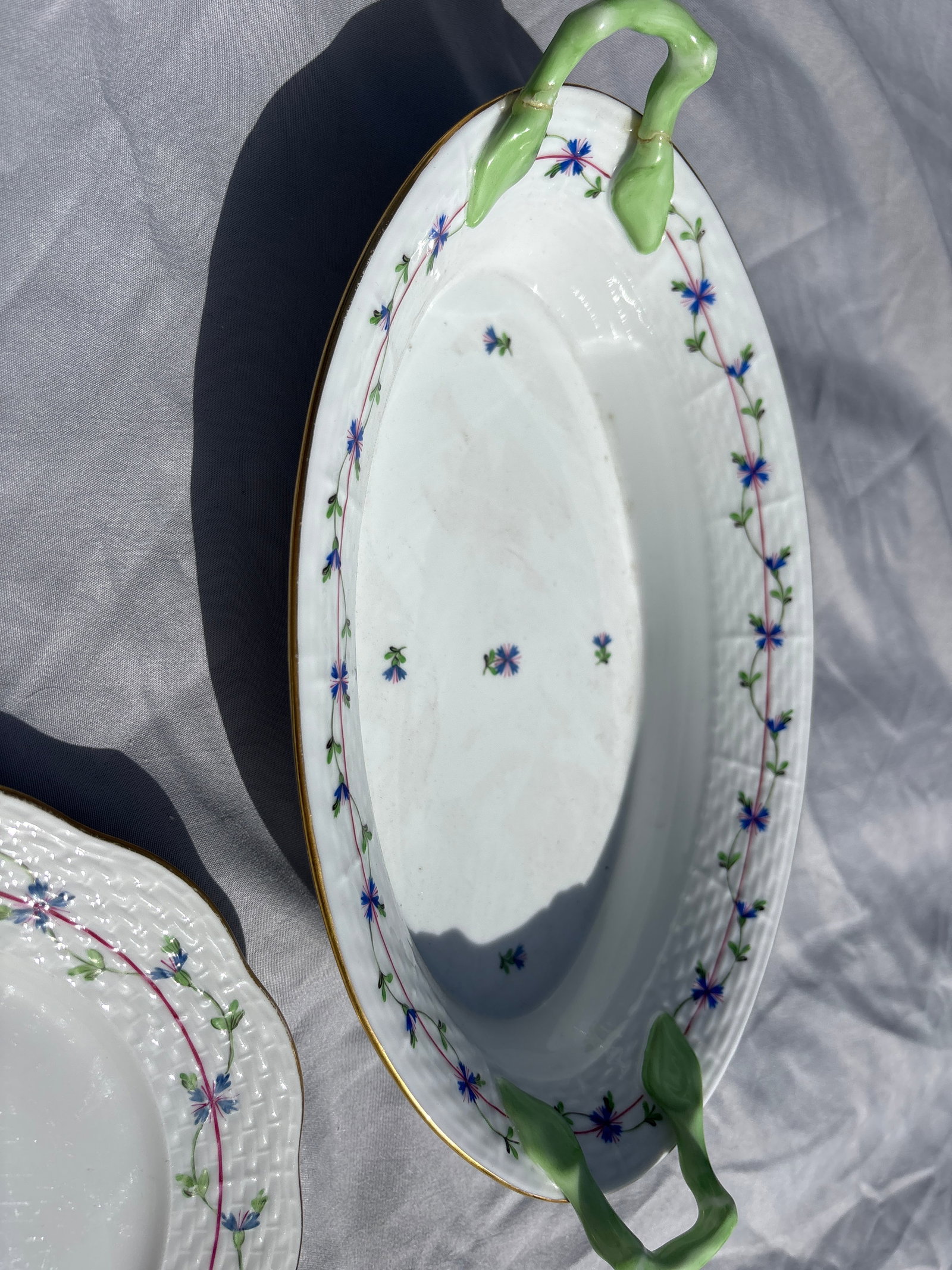 Twelve assorted Herend China; All have a light wear.: Twelve assorted Herend China; All have a light wear. Handle Repair to basket.Eight 7&3/8 plates and 9&5/8 rimmed soups and 12 inch veggie