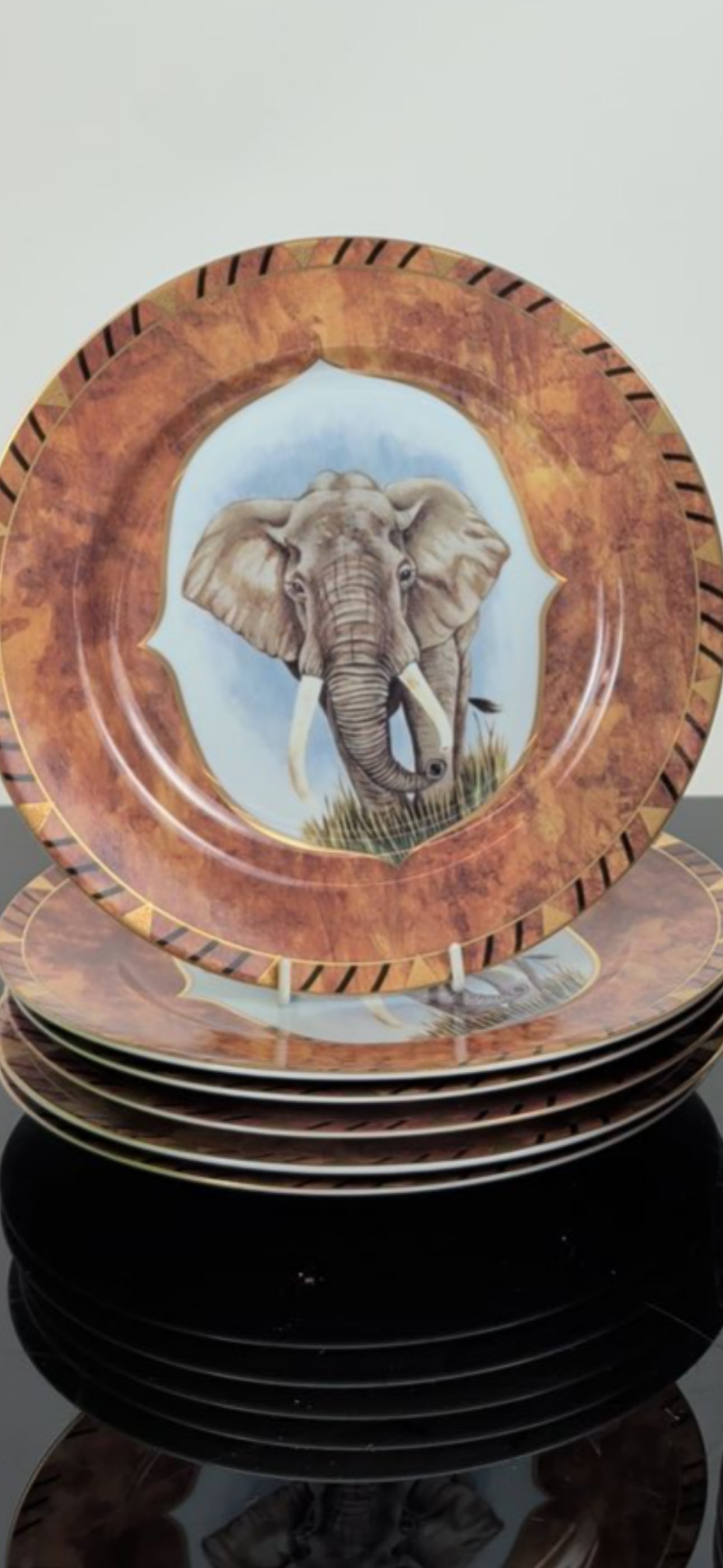 Set of 6 plates African Portraits series, dated 1995 porcelain 9 inch plates: 6 plates African Portraits series, dated 1995, features brown burl wood-effect borders with gold-tone patterned rims and arched central reserves depicting African wildlife including the Elephant and
