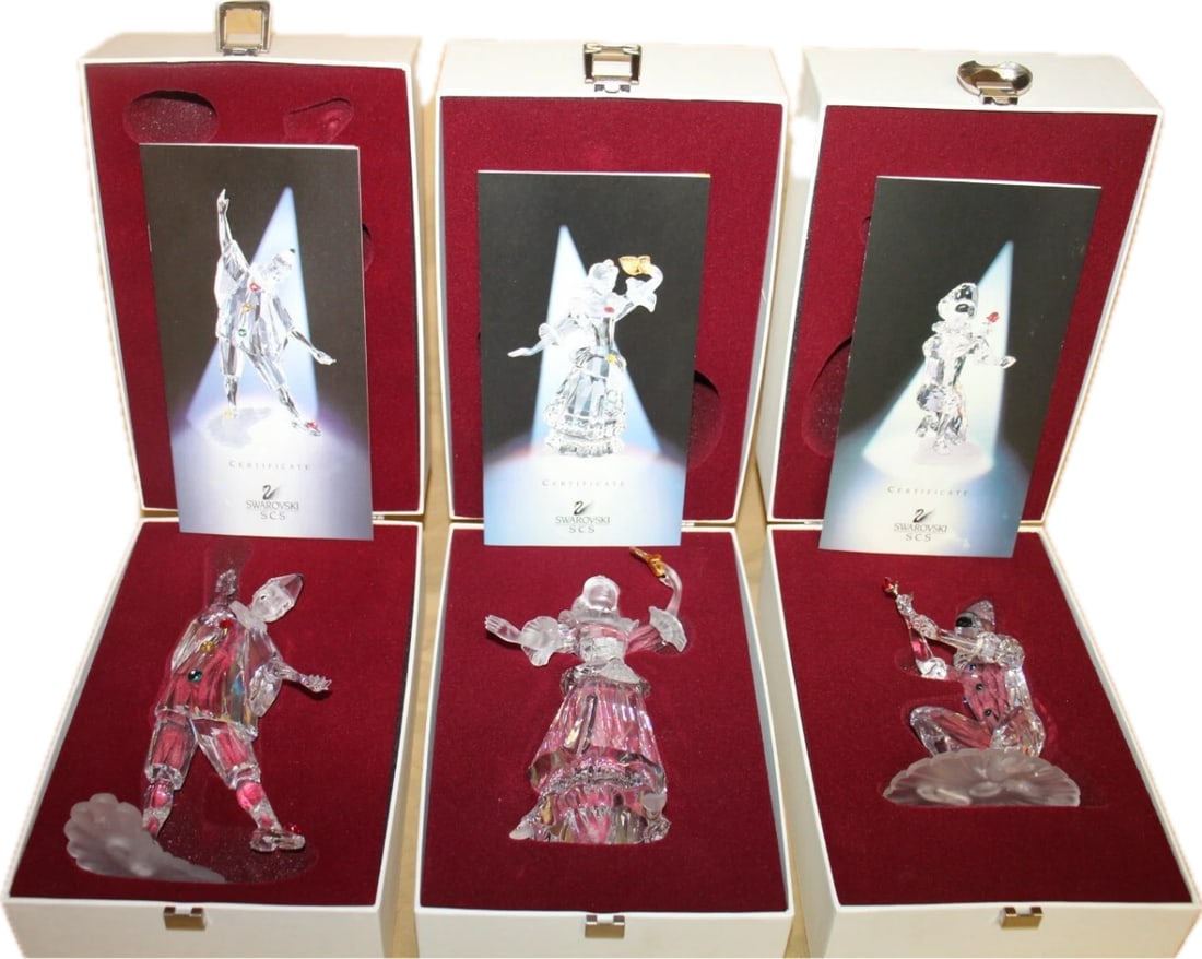 Swarovski crystal years 1999, 2000, and 2001 "Masquerade" Trilogy: years 1999, 2000, and 2001 represent the complete "Masquerade" Trilogy released by the Swarovski Crystal Society (SCS). includes Pierrot (1999), Columbine (2000), and Harlequin (2001), crafted from