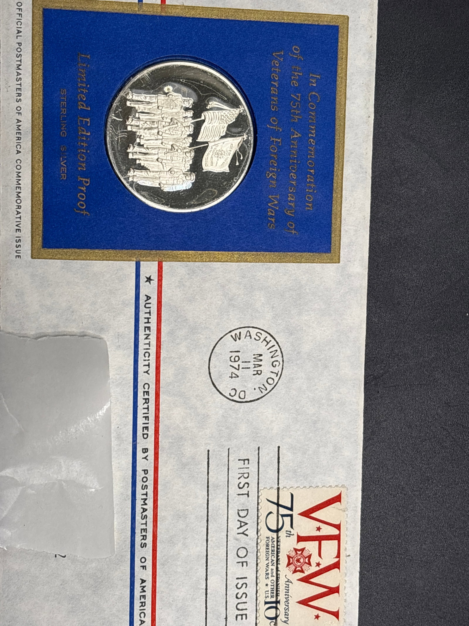 25 grams .925 silver limited edition proof Veterans of Foreign Wars: "Limited Edition Proof" sterling silver medal commemorating the 75th Anniversary of the Veterans of Foreign Wars.It was produced by the Franklin Mint for the "Postmasters of America Commemorative Issu