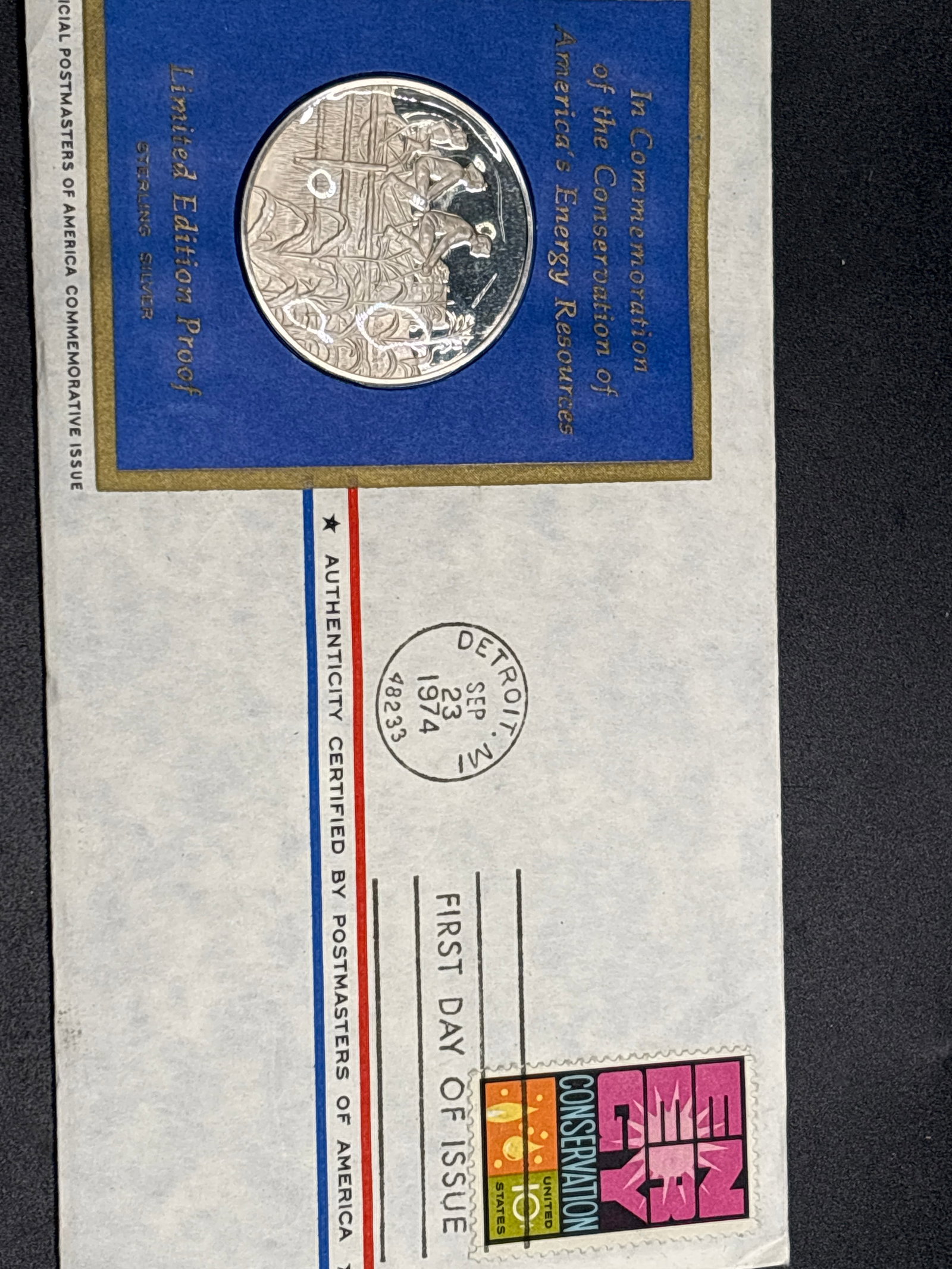 25 grams .925 silver bicycle scene proof America’s Energy Resources: "Limited Edition Proof" sterling silver medal commemorating the 75th bicycle scene proof America’s Energy ResourcesIt was produced by the Franklin Mint for the "Postmasters of America Commemorative