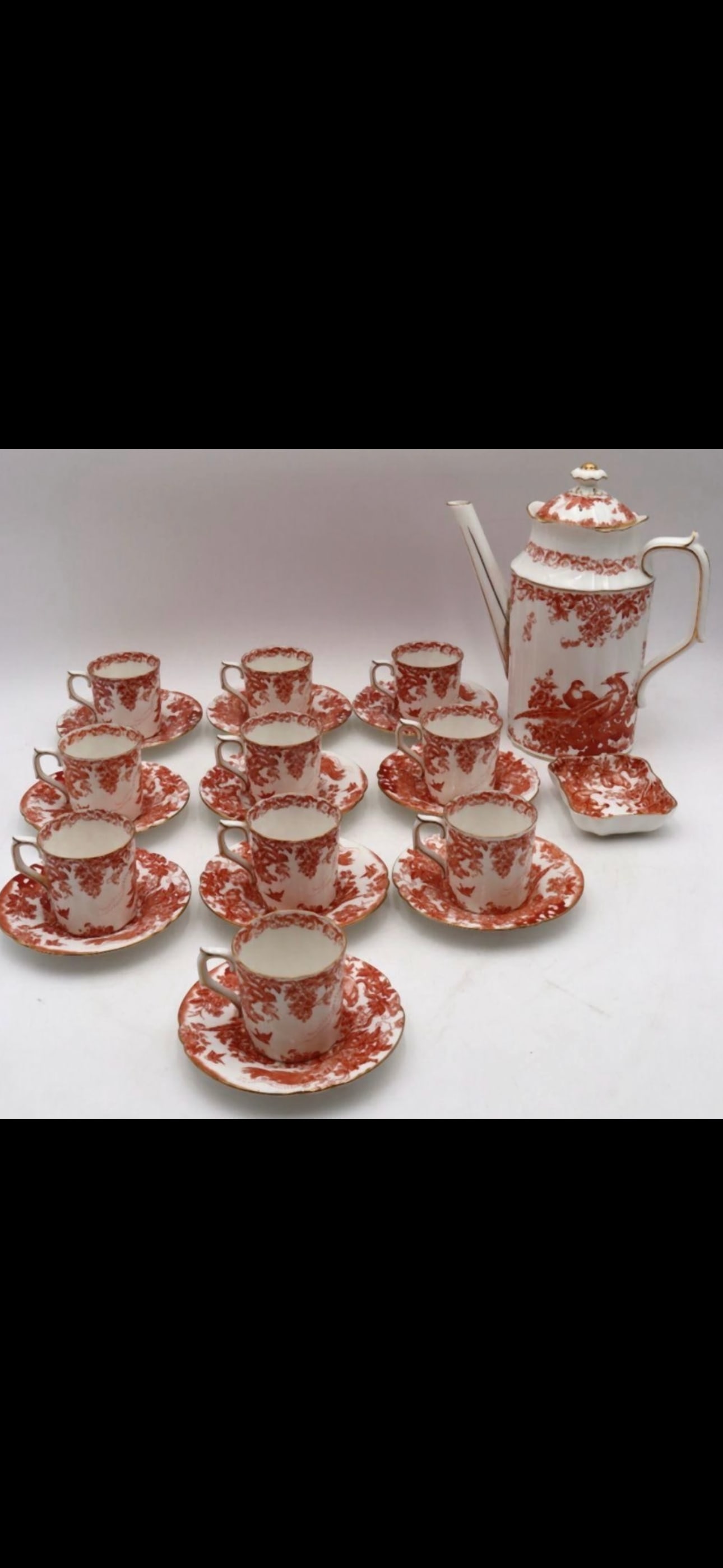 22 Pc. Royal Crown Derby "Red Aves" Demitasse Cup & Coffee Pot Set: 22 Pc. Royal Crown Derby "Red Aves" Porcelain Demitasse & Coffee ServiceApprox. 2 1/4" H x 3" W to 9 1/2" H x 8 1/2" W. A 22-piece Royal Crown Derby "Red Aves" porcelain demitasse coffee service,