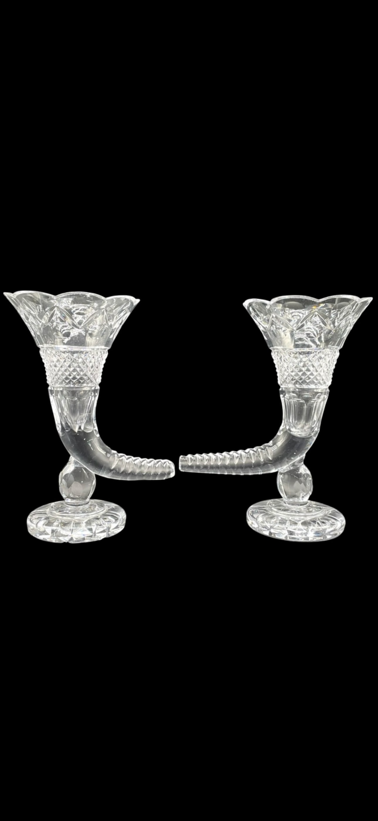 Large PAIR OF CUT CRYSTAL CORNUCOPIA-FORM 13 inch VASES: Large PAIR OF CUT CRYSTALCORNUCOPIA-FORM VASES-GOOD PRE OWNEDCONDITION, ONE OF THEMHAS A SMALL CHIP-APPROX 13" X 8"-PAIR OF EXCEPTIONAL CUTCRYSTAL CORNUCOPIA-FORM VASES FEATURINGELEGANTLY FLAREDSCALLO