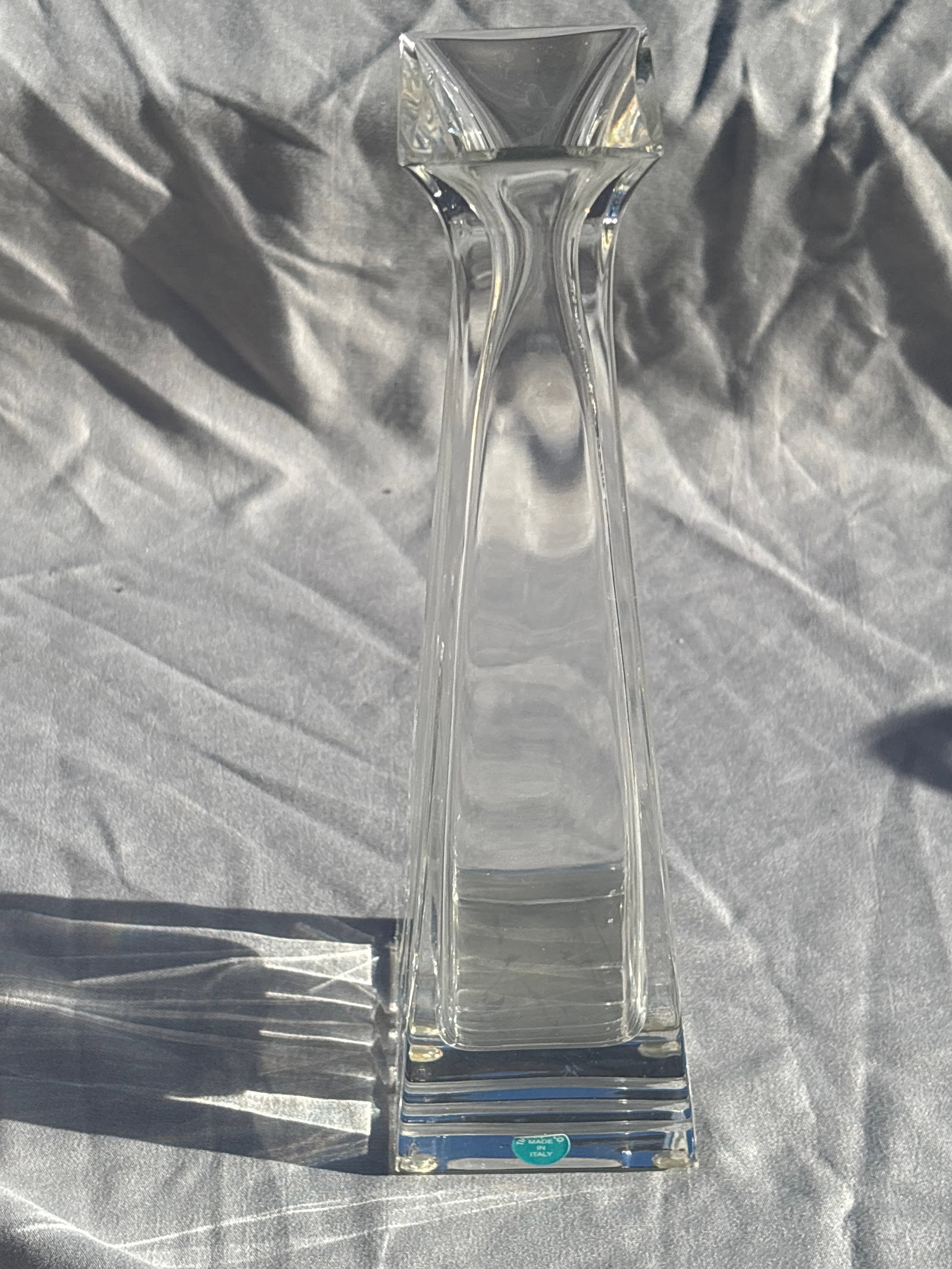 Tiffany & Co. Metropolis Art Deco Lead Crystal 10 inch Bud Vase,: Tiffany & Co. Metropolis Art Deco Lead Crystal Bud Vase, featuring a slender tapered square body, a flared square rim, and stepped accent details on the heavy square base.It stands approximately 10 in