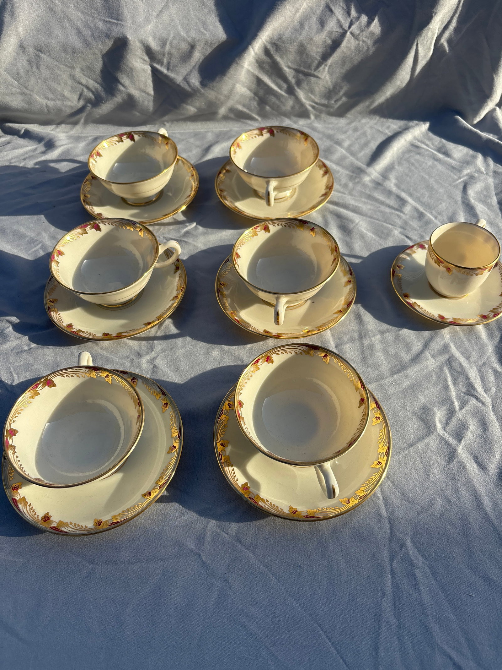 Set of seven Lenox Essex Maroon (Smooth) cups with saucers (1 of 7)