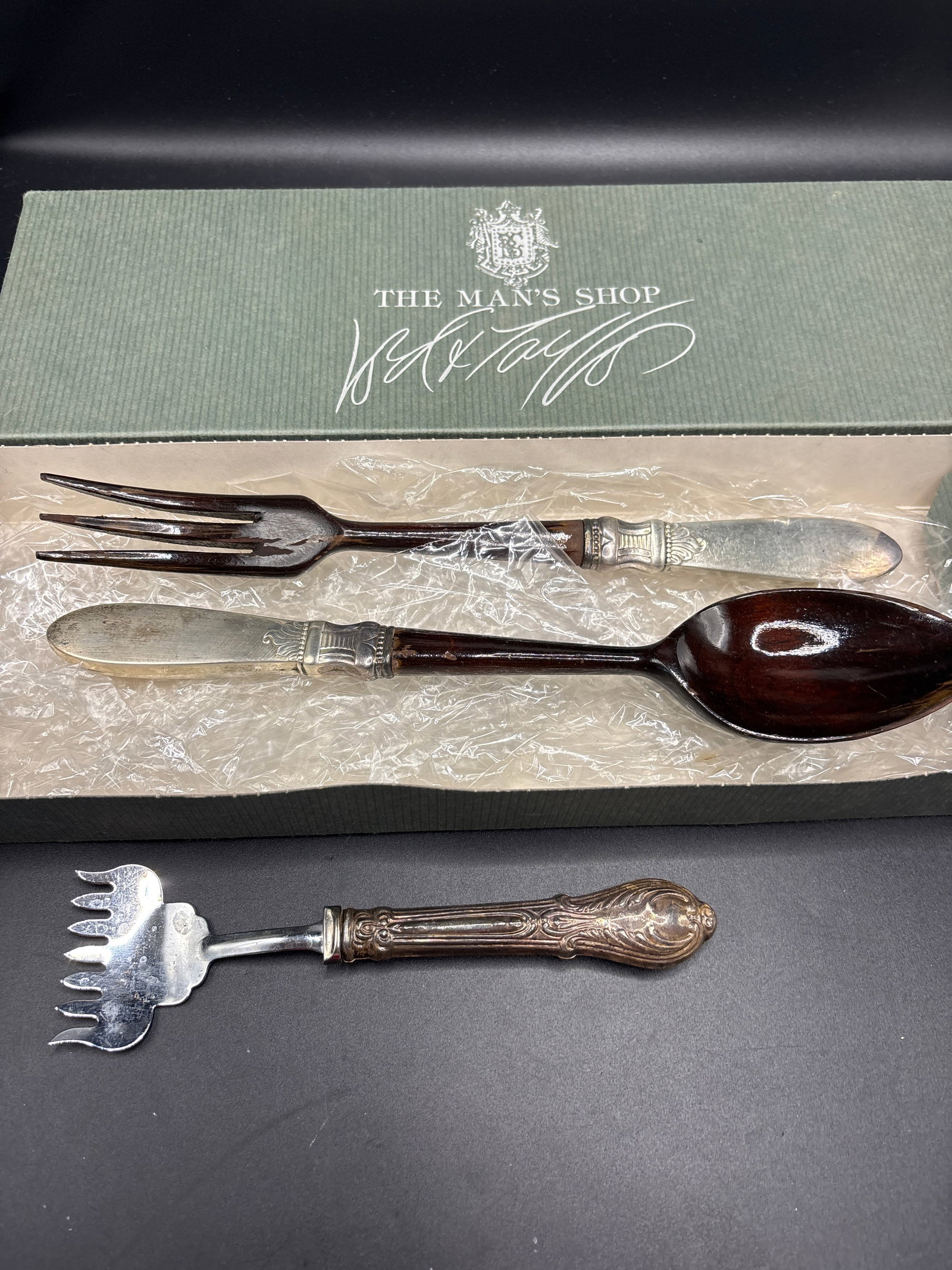 Three piece Sterling handled items; sardine fork, salad servers: Three piece Sterling handled items; ornate, multi-tined sardine fork (or sardine server) featuring a decorative hollow-handle (often sterling silver or silver-plated) paired with a wide, flat tine con