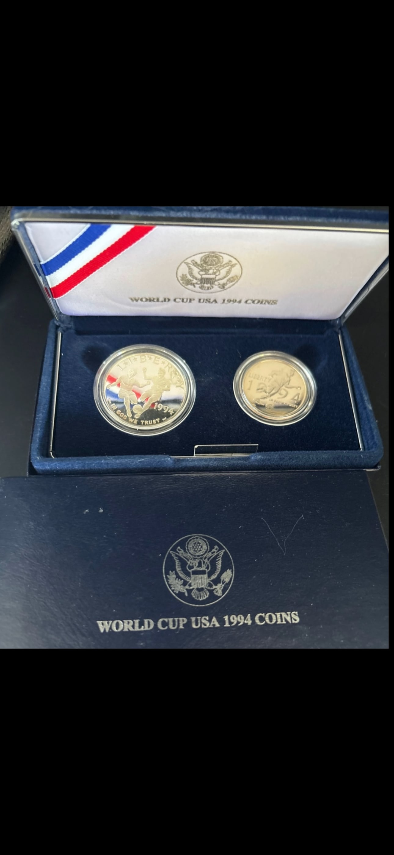.7734 TO 90% silver 1994 World Cup USA Commemorative 2-Coin Proof Set: 1994 World Cup USA Commemorative 2-Coin Proof Set issued by the United States Mint.Current ValuationThe retail value for this specific two-coin proof set in its original government packaging typically