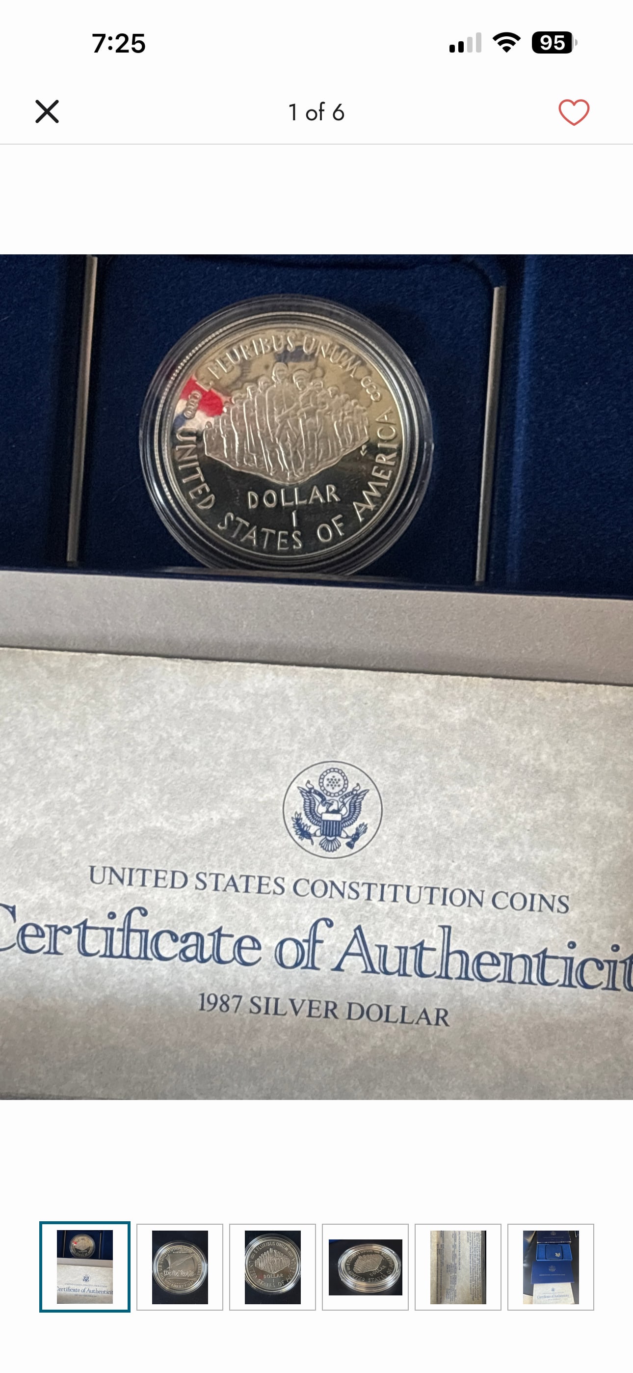 27 grams 90% silver 1987 United States Constitution Bicentennial Commemorative dollar: 1987 United States Constitution Bicentennial Commemorative Silver Dollar, struck to honor the 200th anniversary of the adoption of the U.S. Constitution. This specific coin features a proof finish and