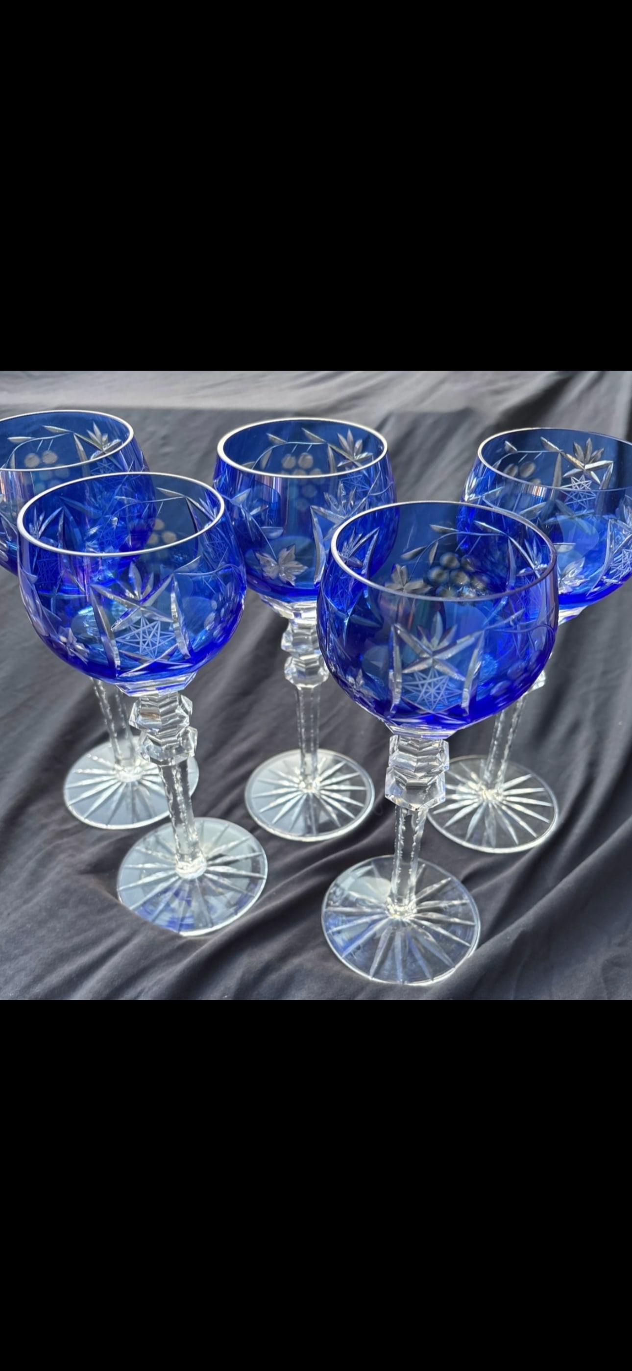 Five tall Godinger glass vintage cobalt blue cut-to-clear crystal 8&1/4 inch wine hocks (1 of 7)