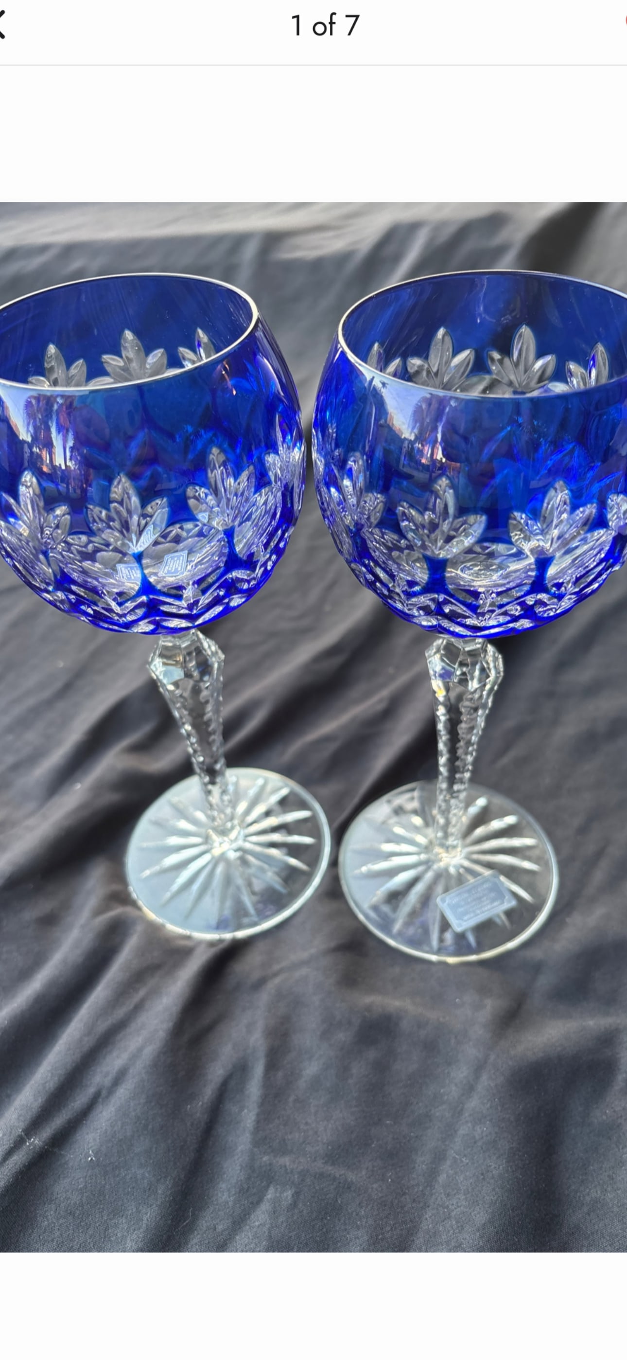 Two Godinger glass vintage Dynasty amethyst purple cut-to-clear crystal 8inch wine hocks: Two cobalt blue cut-to-clear crystal hock wine glass is part of the Dynasty collection by Godinger.Product DetailsPattern: The "Dynasty" pattern features a traditional Bohemian style with detailed lea