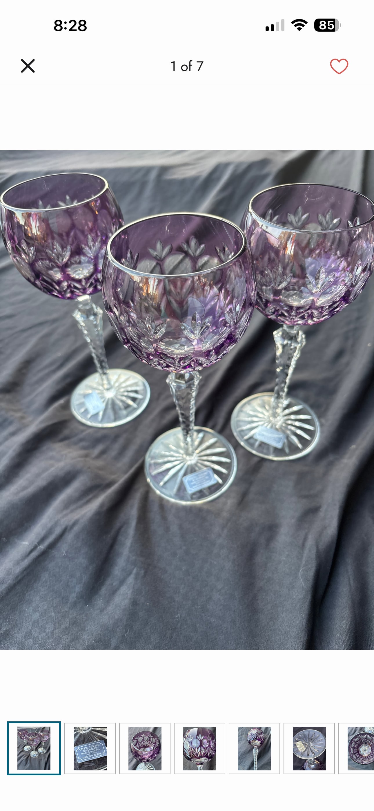 Three Godinger glass vintage Dynasty amethyst purple cut-to-clear crystal 8inch wine hocks: Three amethyst purple cut-to-clear crystal hock wine glass is part of the Dynasty collection by Godinger.Product DetailsPattern: The "Dynasty" pattern features a traditional Bohemian style with detail