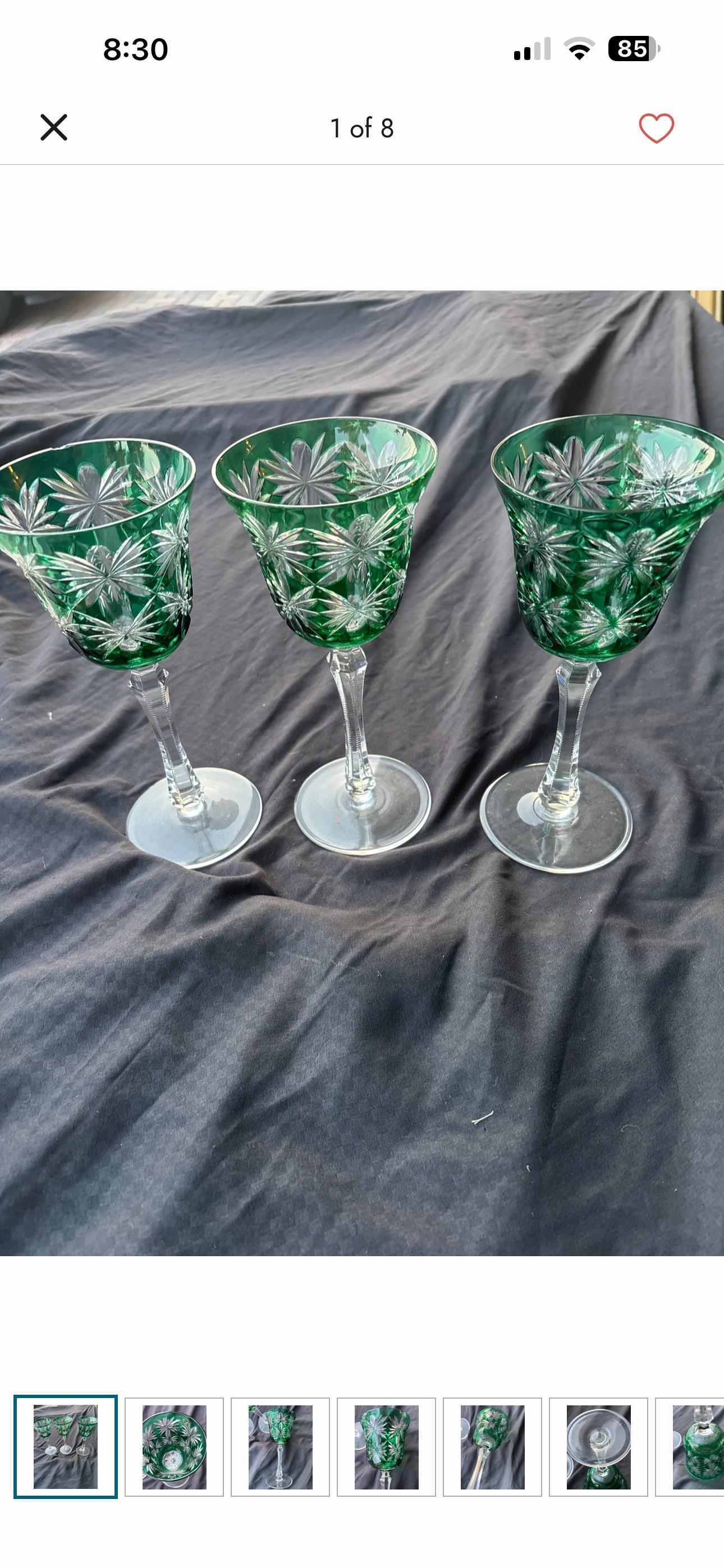 Unsigned three emerald green crystal goblets cut-to-clear crystal 8&3/8 inch wine hocks (1 of 6)