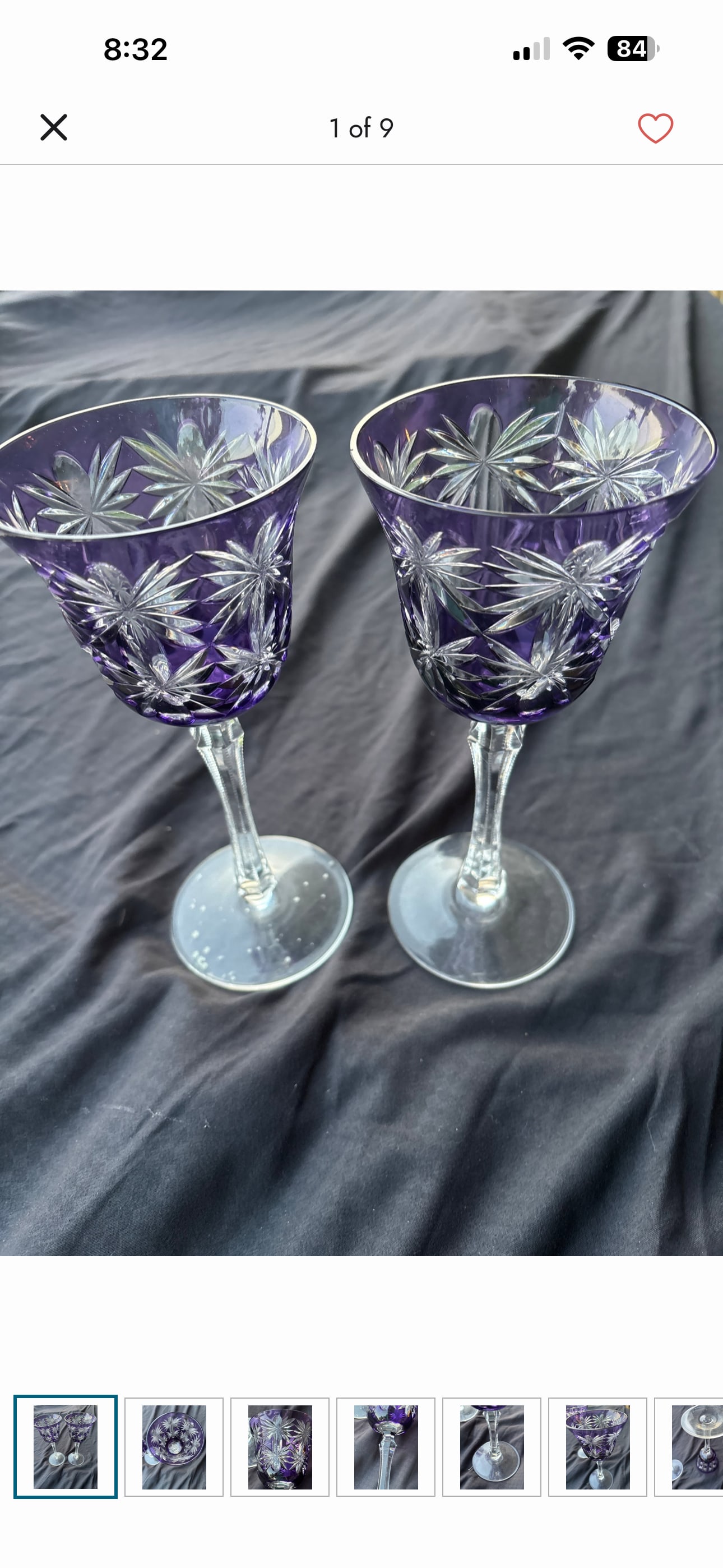Cranberry & a pair of purple crystal goblets cut-to-clear crystal 8&3/8 inch wine hocks: Single cranberry with pair amethyst purple crystal wine goblets featuring a cased cut-to-clear pattern.Design Details: The glasses have a deep purple overlay that has been wheel-cut to reveal clear gl