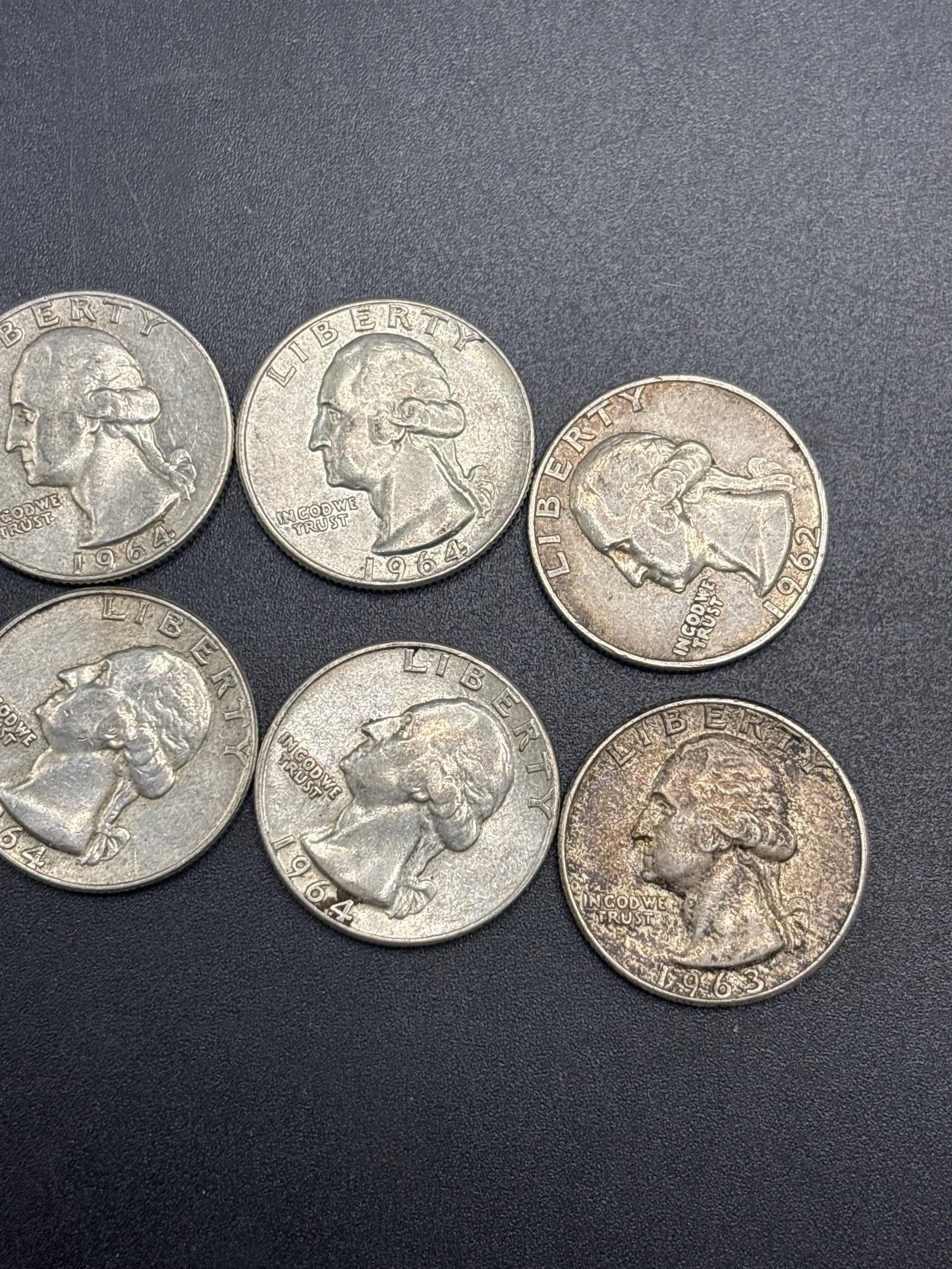 Six silver 1960’s Washington US quarter dollars (1 of 5)