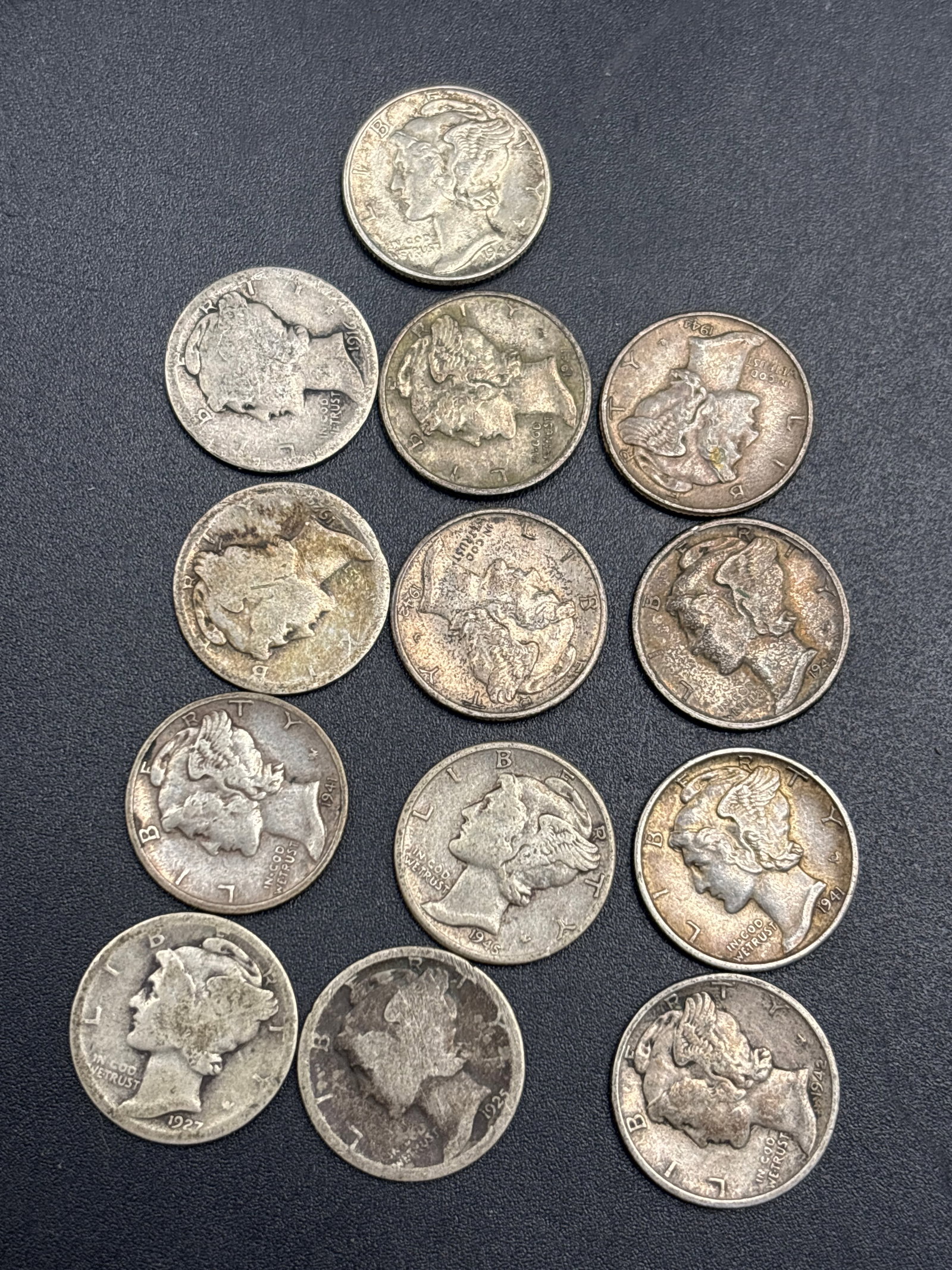 Thirteen early silver Mercury head US dimes (1 of 5)