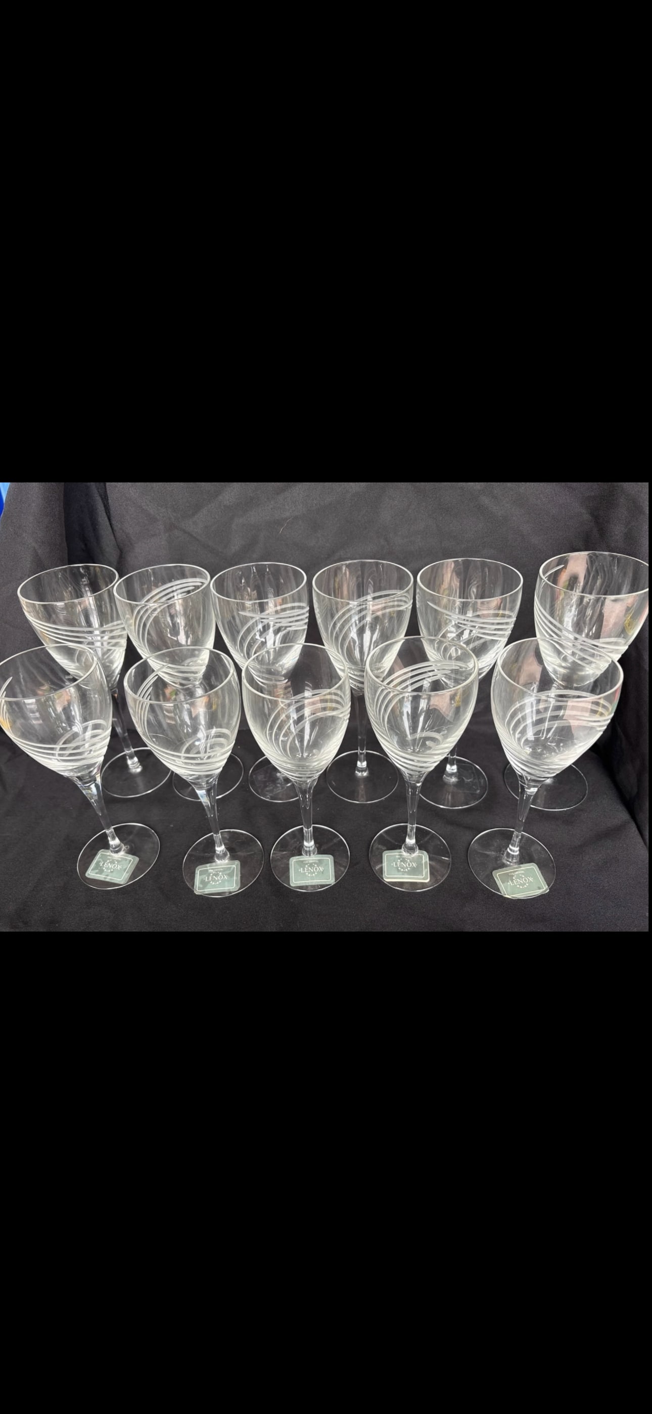 Eleven vintage Lenox 'Windswept' pattern crystal stemmed glasses: vintage Lenox Windswept crystal wine glass features an elegant frosted and cut spiral swirl etching on the clear bowlSix 8&1/2 and five 8 inch.