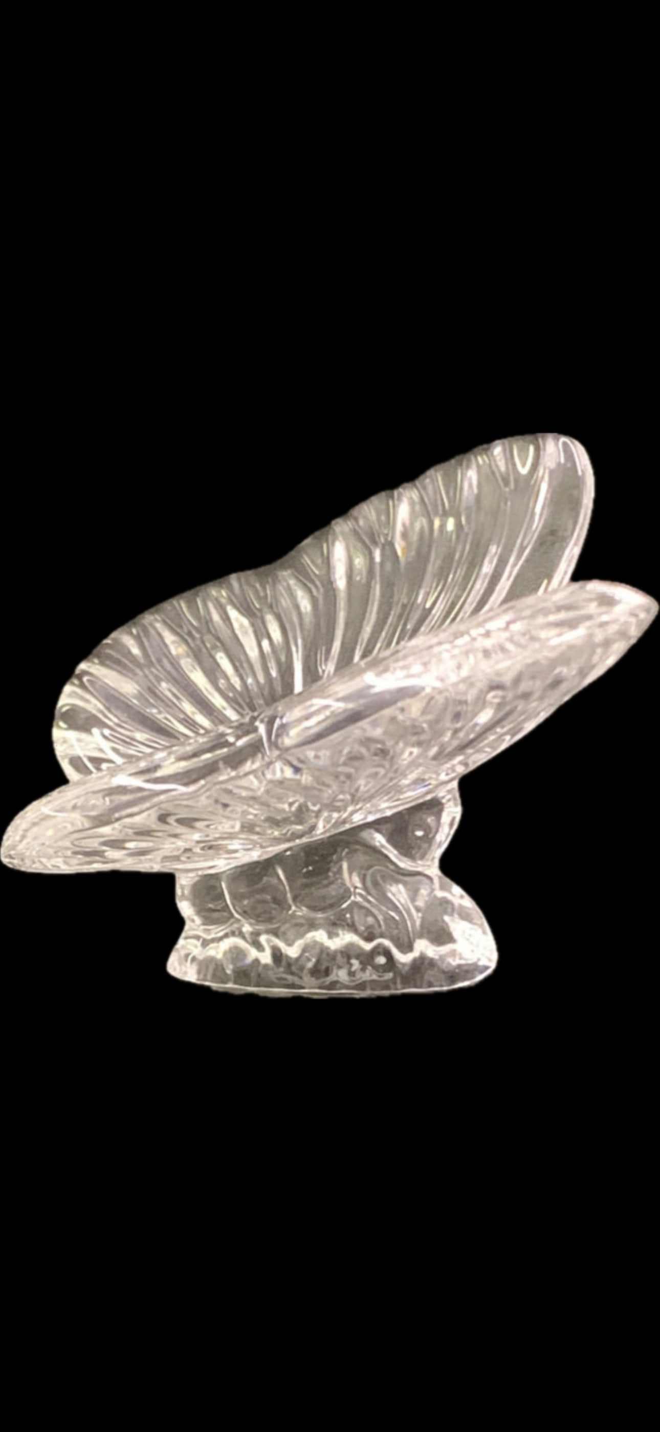 vintage Waterford Irish cut crystal butterfly form statue: Vintage Waterford Crystal Butterfly Figurine. Handcrafted from heavy lead crystal, this elegant collectible features a scalloped, textured wing design and acts as both a decorative sculpture and a des