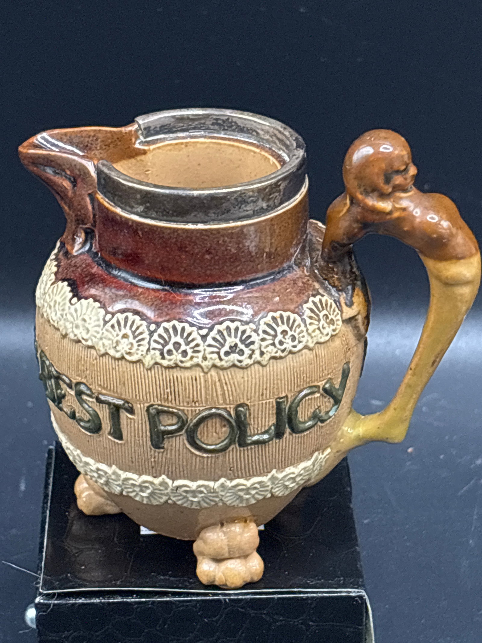 Sterling rim Doulton Lambeth salt-glazed stoneware "motto" creamer 3 inch jug (1 of 7)