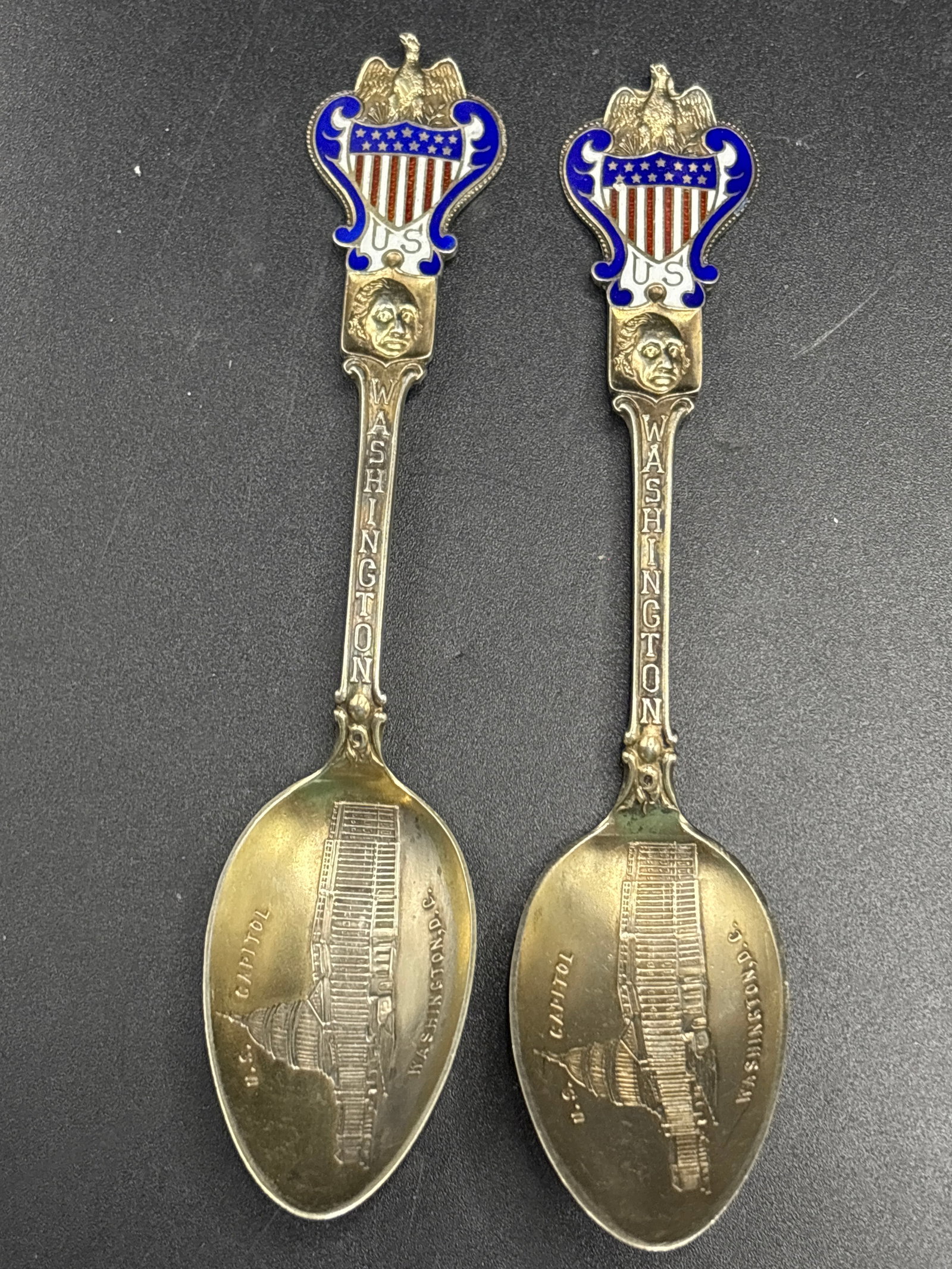 Dated 1907 40 grams pair enameled sterling silver Washington souvenir 5&3/4 inch spoons (1 of 9)