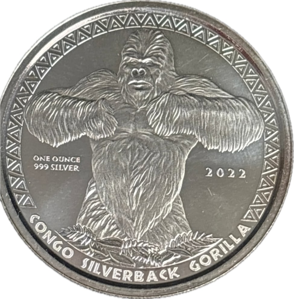 One troy ounce .999 fine silver coin 2022 Republic of Congo Silverback Gorilla (1 of 6)