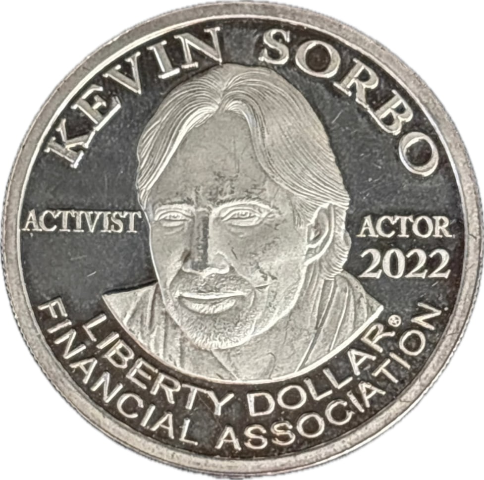One troy ounce .999 fine silver coin actor and activist Kevin Sorbo: 2022 1oz silver Liberty Dollar issued by the Liberty Dollar Financial Association (LDFA), featuring actor and activist Kevin Sorbo.Key Details of the CoinSubject: Kevin Sorbo, labeled as "Activist" an