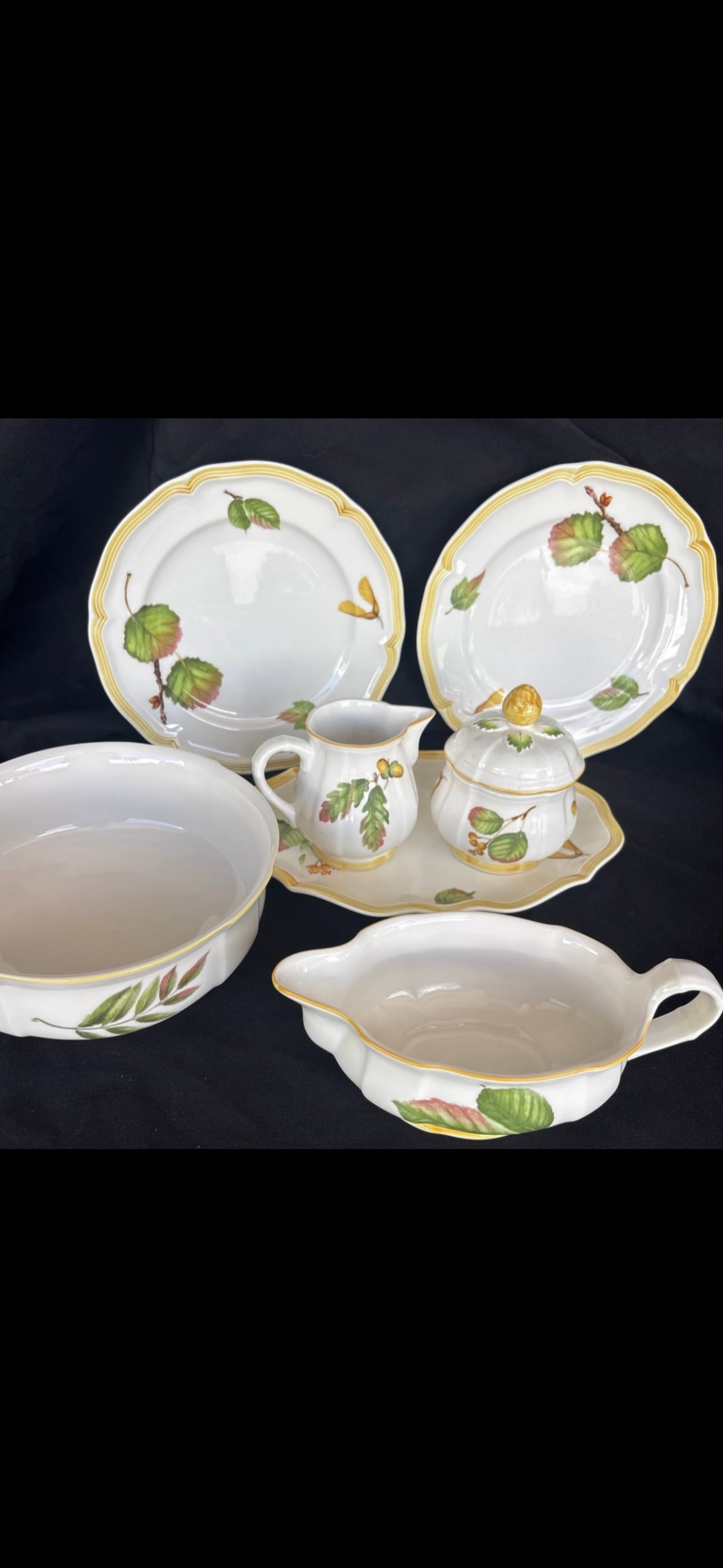 Seven piece Villeroy & Boch “Parkland pattern serving pieces: Set of eleven Villeroy & Boch “Parkland” pattern sugar, creamer, tray, gravy, 7 inch bowl and to 8 inch plates, featuring a distinct yellow rim and botanical leaf design.It is crafted from fin