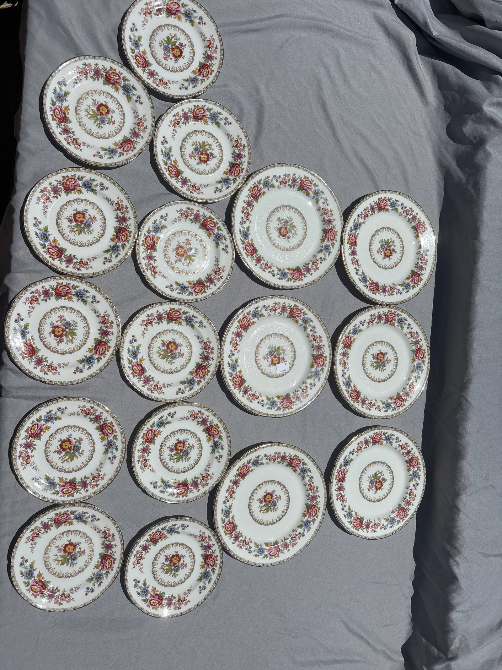 Seventeen piece vintage Royal Grafton Malvern bone china plates: Six 8&1/4 inch and eleven 6&1/4 inch "Malvern" pattern produced by Royal Grafton, a fine bone china brand by A.B. Jones & Sons Ltd in Staffordshire, England. [1, 2]Characterized by vibrant, multi-colo
