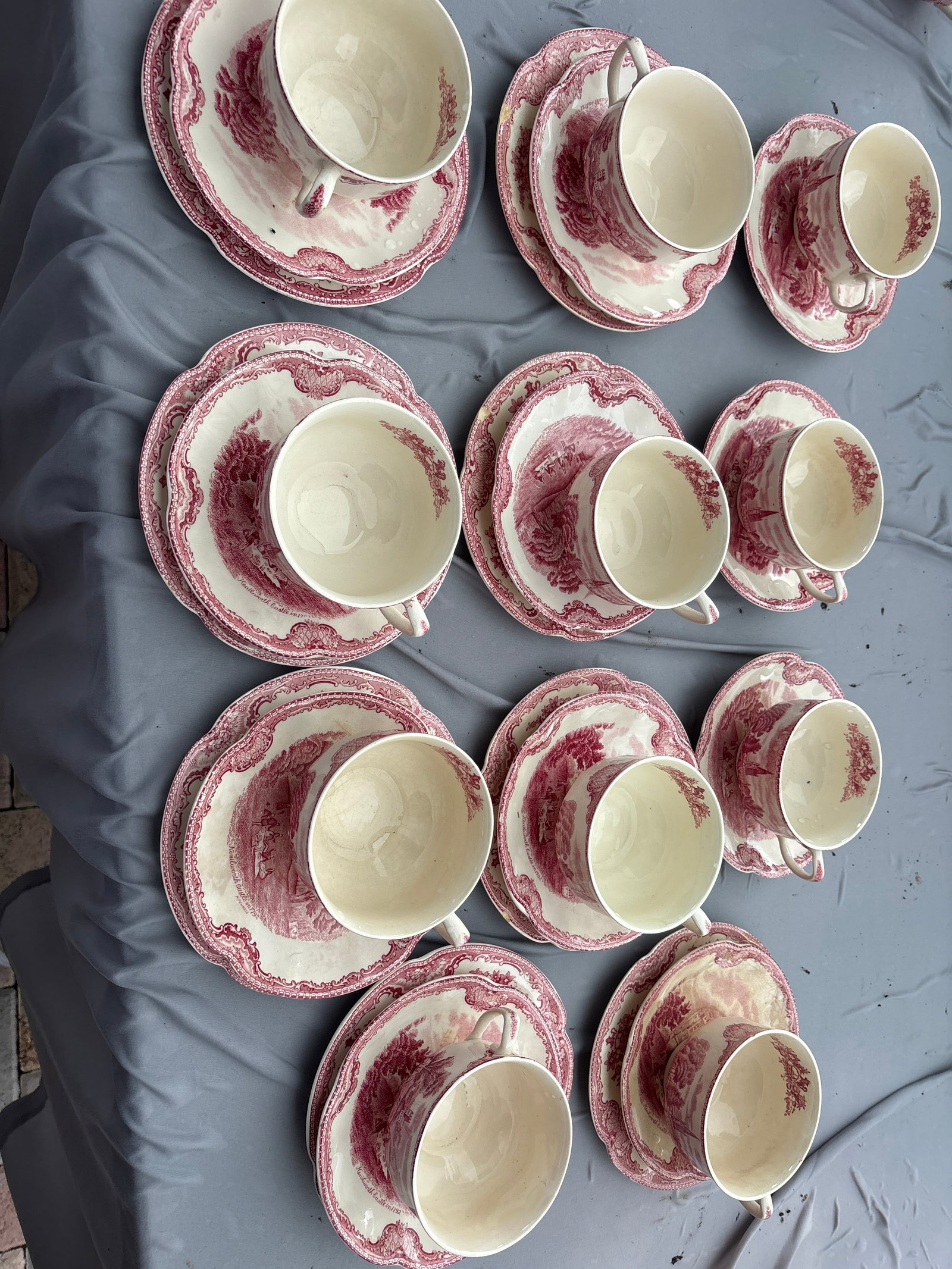 Thirty piece Johnson Bros "Old Britain Castles" pink transferware cups, saucers &underplated: Thirty piece vintage "Old Britain Castles" pink transferware cuos, saucers, underplates manufactured by the historic English company Johnson Brothers. [1, 2]The specific design featured in the center 