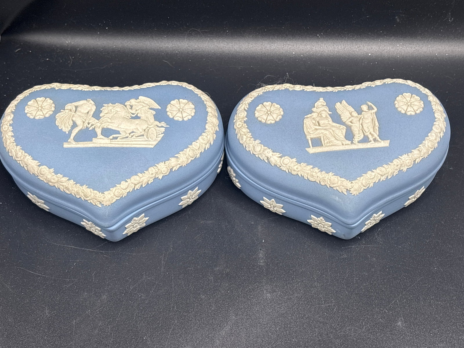Two iconic Wedgwood Blue Jasperware heart-shaped 5 inch trinket boxes (1 of 9)