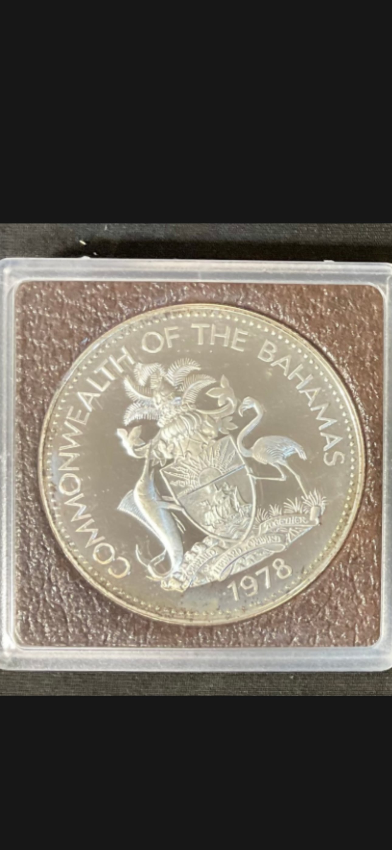 45.36 grams 50% silver 1978 Commonwealth of the Bahamas 10 Dollars Proof Coin: 1978 Commonwealth of the Bahamas 10 Dollars Silver Proof Coin has the following precise specifications: Purity: .500 fine silver (50% silver, 50% copper)Total Weight: 45.36 grams (1.458 troy ounces)Ac