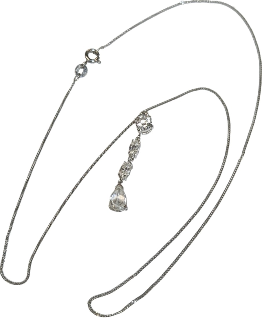 3.2 grams Italian 9ct white gold and Cz four stone pendant necklace: An Italian 9ct white gold and Cz four stone pendant necklace, with pear, marquie and round cut stones, faint 375 import marks, 3.2g gross