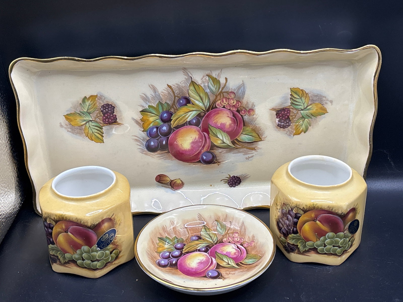 Four Aynsley "Orchard Gold" items; tray, 2 bowl/vases & small dish (1 of 9)