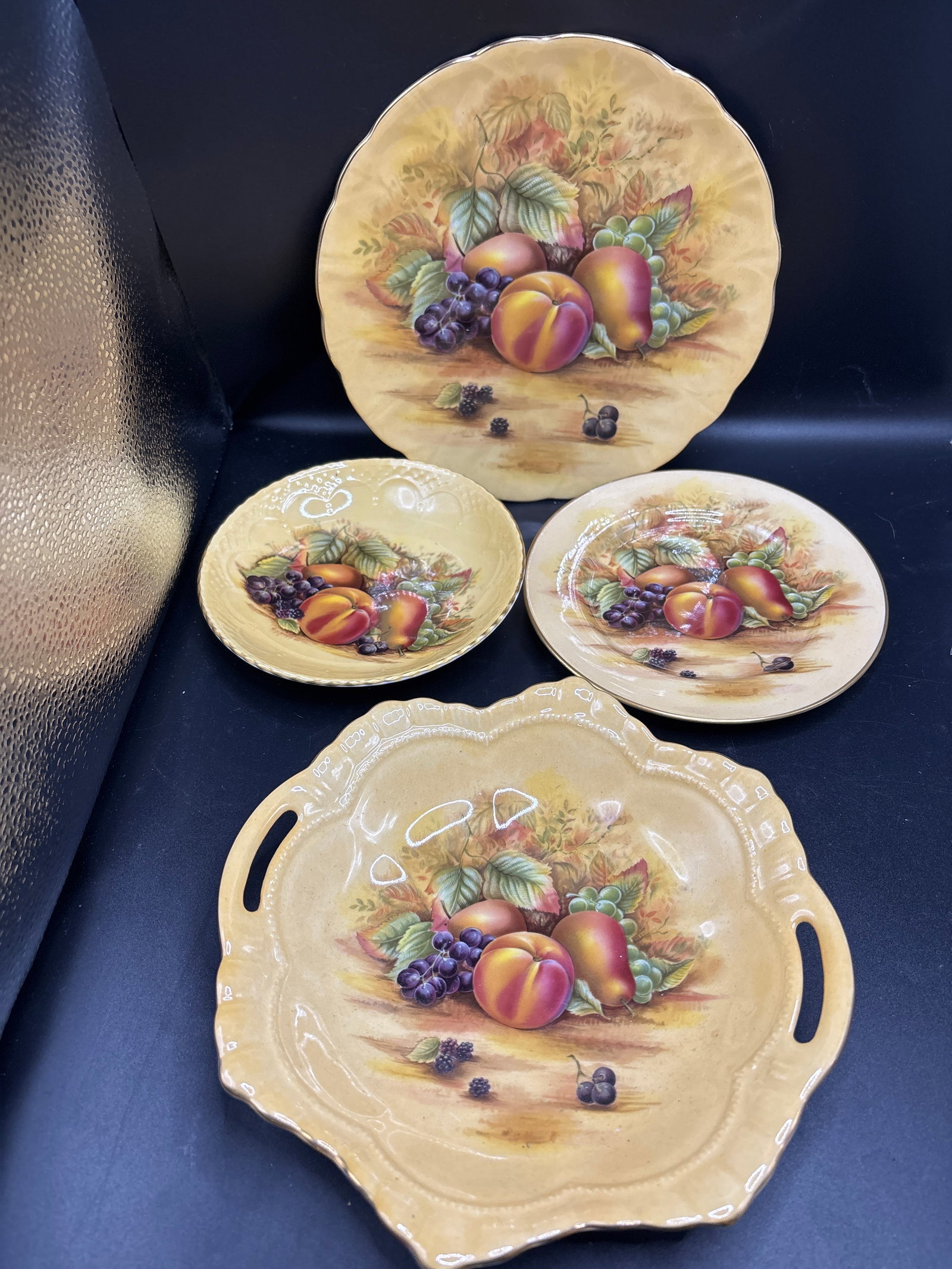 Four Aynsley "Orchard Gold" items; serving tray/bowl, small bowl & 2 plates (1 of 8)