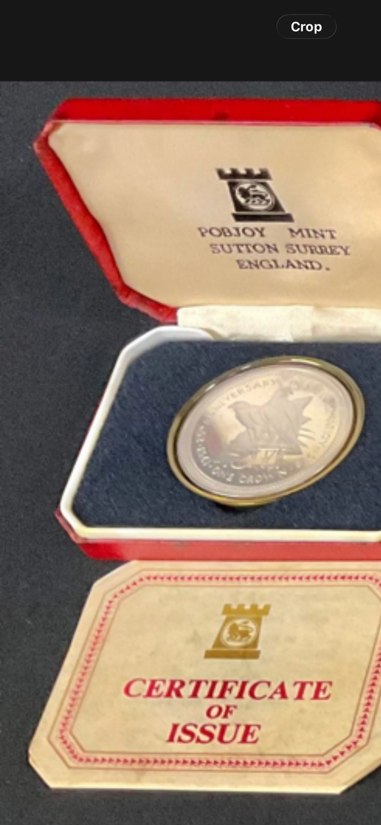 28.28 grams .925 Silver Jubilee Proof Crown coin: 1977 Proof Crown coin, minted by Pobjoy Mint. This specific commemorative coin was issued for the Isle of Man to mark the 25th anniversary of the Queen's accession to the throne. The coin features the