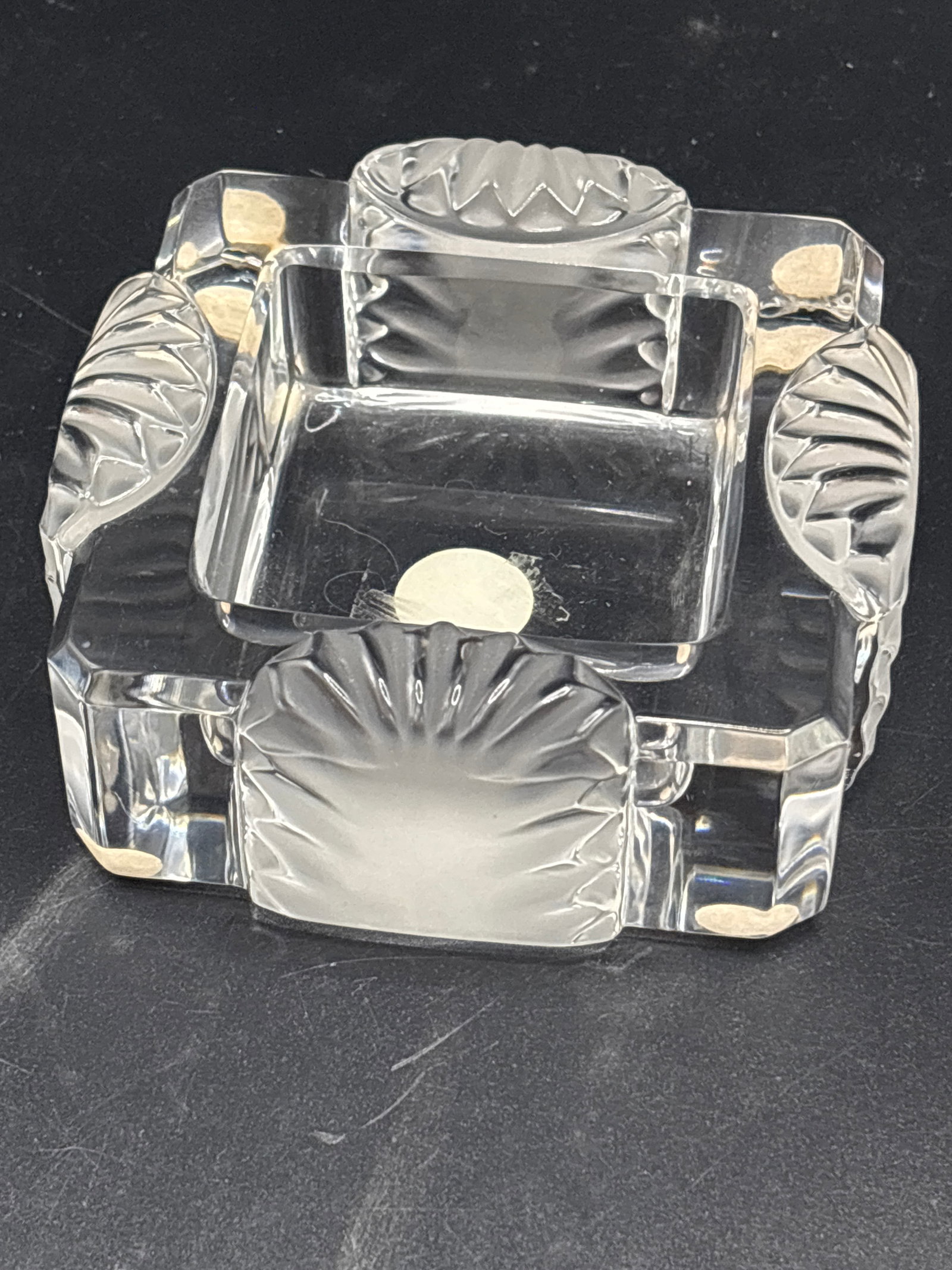 Lalique France "Corfou" crystal ashtray/trinket 4.5 inch square dish.: Lalique France "Corfou" crystal ashtray/trinket dish. Designed originally by Marc Lalique in 1944, this classic square-shaped French art glass piece features distinct clear and frosted crystal section