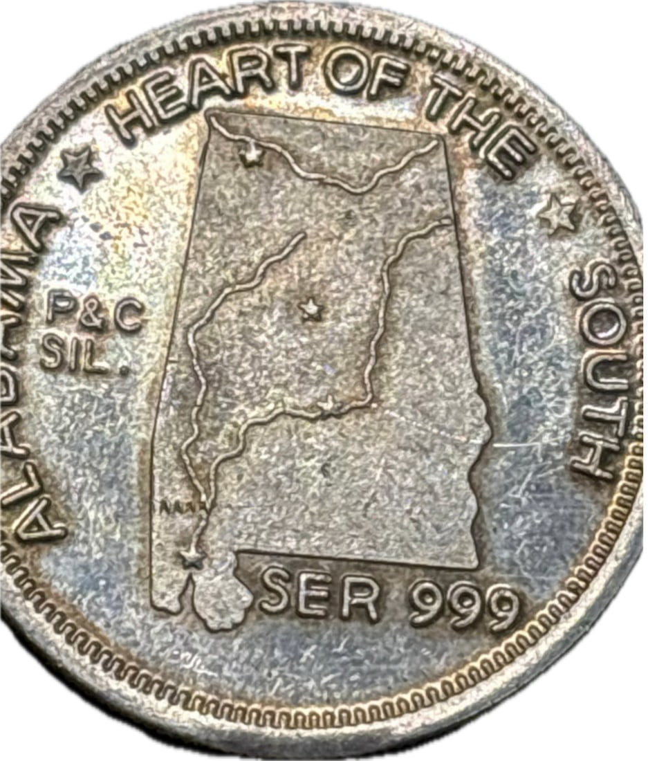1 ozt .999 fine silver round South East Refining Alabama Statehood: 1 Oz .999 fine silver South East Refining Alabama Statehood silver round. Design: The reverse shows an outline of the state of Alabama with the text "ALABAMA HEART OF THE SOUTH" and "SER 999".Composit