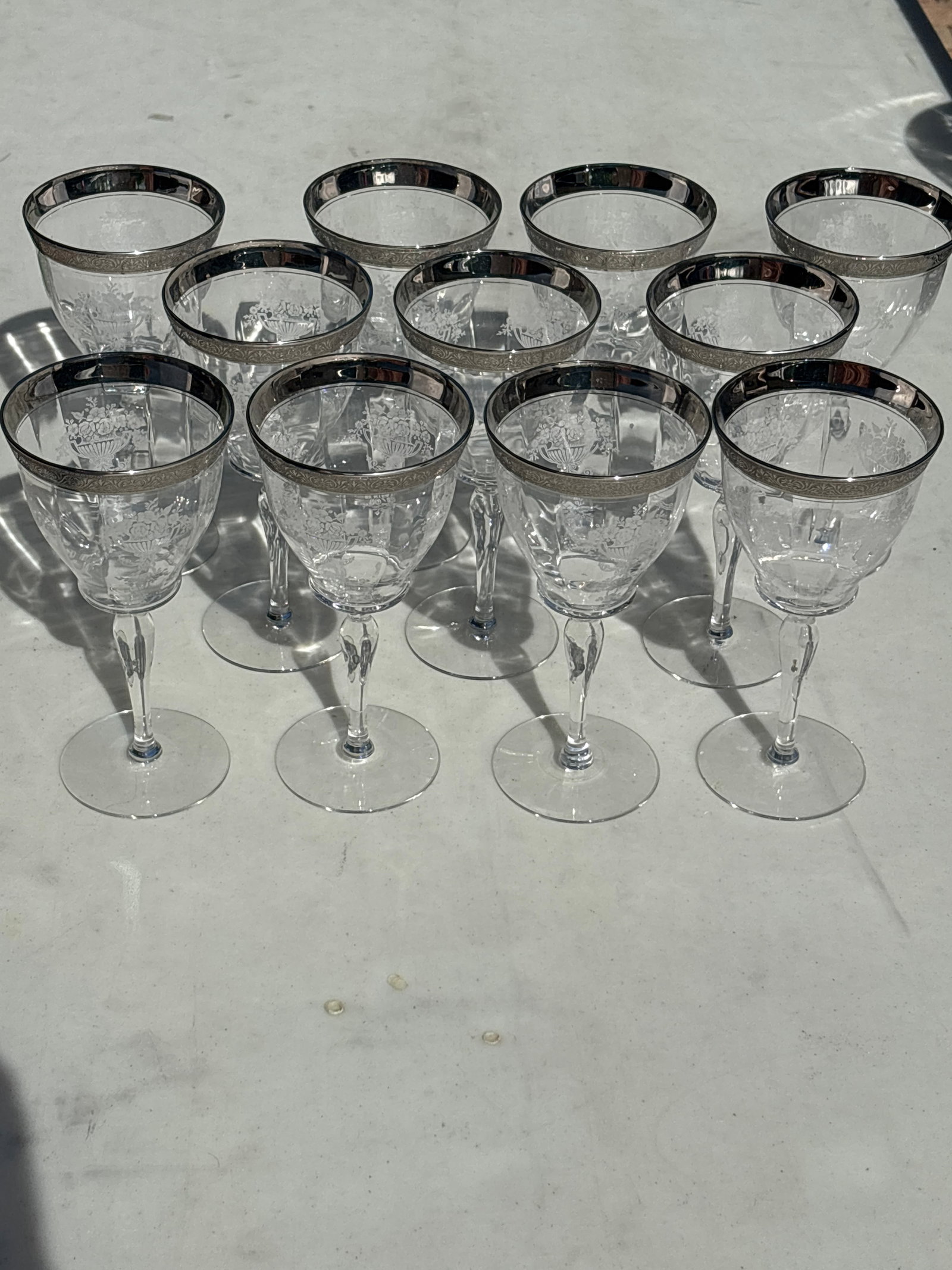 Eleven vintage stemware Tiffin Athens "Diana" pattern platinum rim 7.5 inch Goblets (1 of 6)