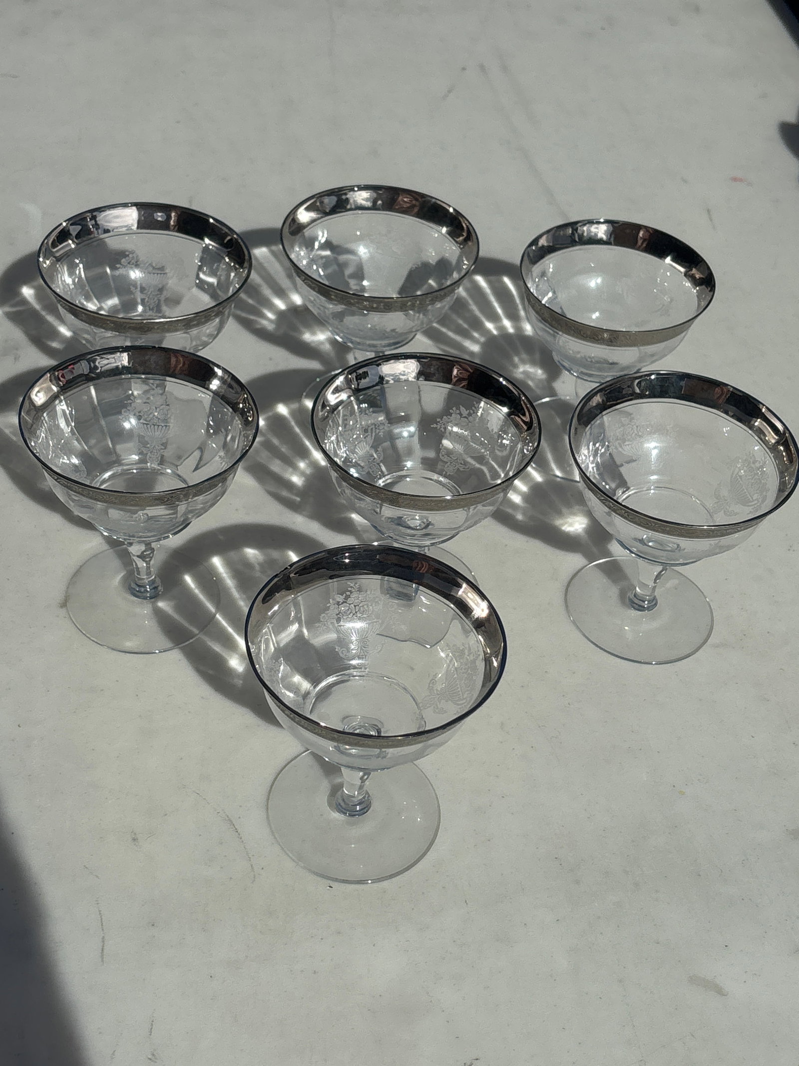 Seven vintage stemware Tiffin Athens "Diana" pattern platinum rim champagnes/sherbets (1 of 3)