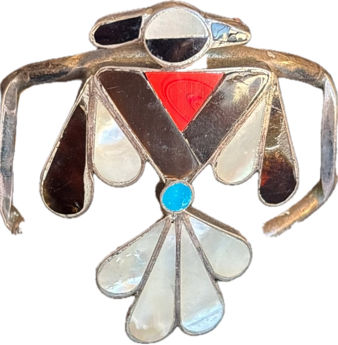 Large Southwestern Zuni handcrafted inset stone & sterling silver cuff bracelet; 40 grams: Large Southwestern Zuni handcrafted inset stone & sterling silver cuff bracelet; 40 grams.vintage Native American cuff bracelet features a Zuni thunderbird motif crafted from sterling silver with mult