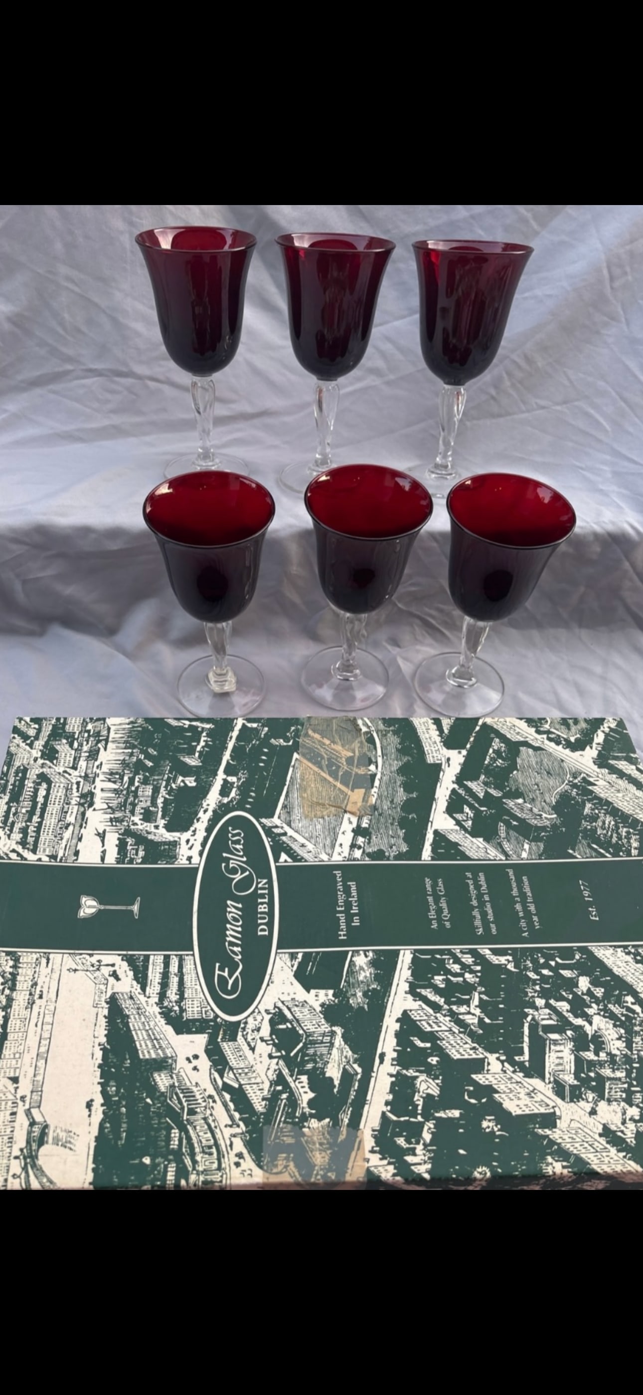 vintage set of six ruby red 7&1/2 inch stemware; Eamon glass, Dublin, Ireland: vintage set of six ruby red stemware accompanied by its original box from Eamon Glass (Dublin, Ireland), which was established in 1977.About the GlasswareBrand/Origin: Eamon Glass Co. operated out of 