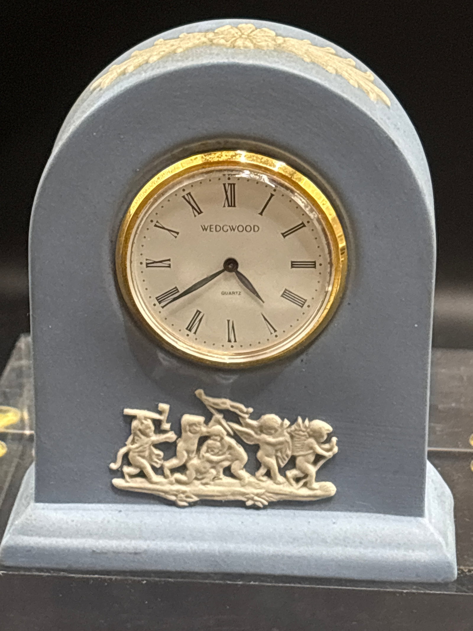 Vintage Wedgwood Pale Blue Jasperware Domed Mantel Clock 3 inch: Vintage Wedgwood Pale Blue Jasperware Domed Mantel Clock, crafted in England. It is made from fine matte stoneware—known as Jasperware—and features iconic white bas-relief Neoclassical decorations