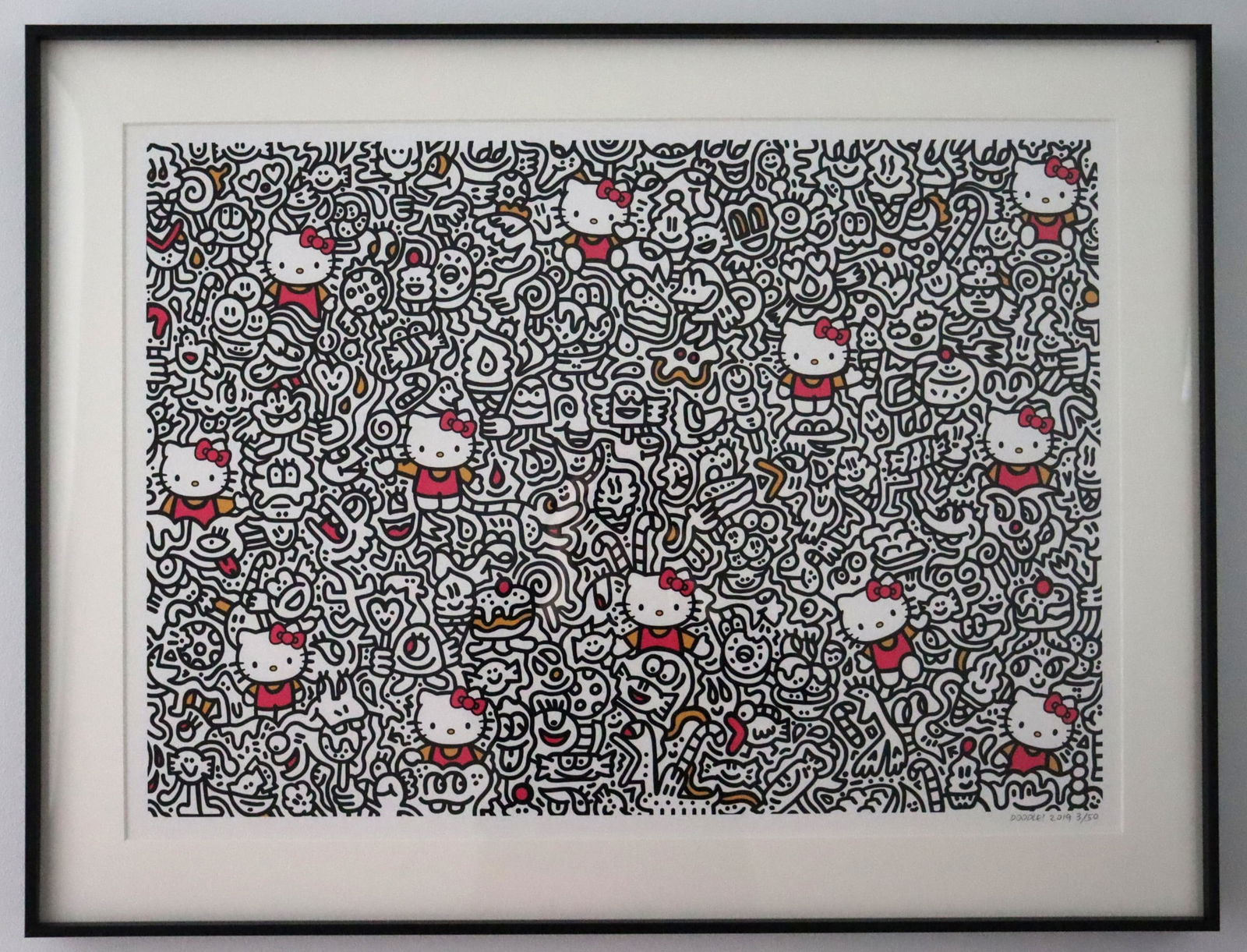 Mr Doodle, Hello Kitty, 2019: Mr Doodle, Hello Kitty, 2019, H x L: 42.0 x 52.4 cm, framed giclée print. This work is signed, numbered (/50), and dated by the artist on recto.