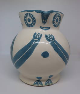 Pablo Picasso (1881-1973), La Petite Chouette Bleu (A.R. 82), 1949: Pablo Picasso (1881-1973), La Petite Chouette Bleu (A.R. 82), 1949, H: 13 cm, white earthenware ceramic pitcher, partially glazed and painted in colours. The work is from the edition of /200 and stamp