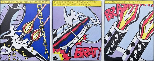 Roy Lichtenstein (1923-1997), As I Opened Fire (Triptych), 1966: Roy Lichtenstein - As I Opened Fire portfolio (Triptych), 1966, H x L: 62.9 x 52.7 cm, offset lithographs on wove paper in an edition of 3000. With stamps verso from the Stedelijk museum in Amsterdam,