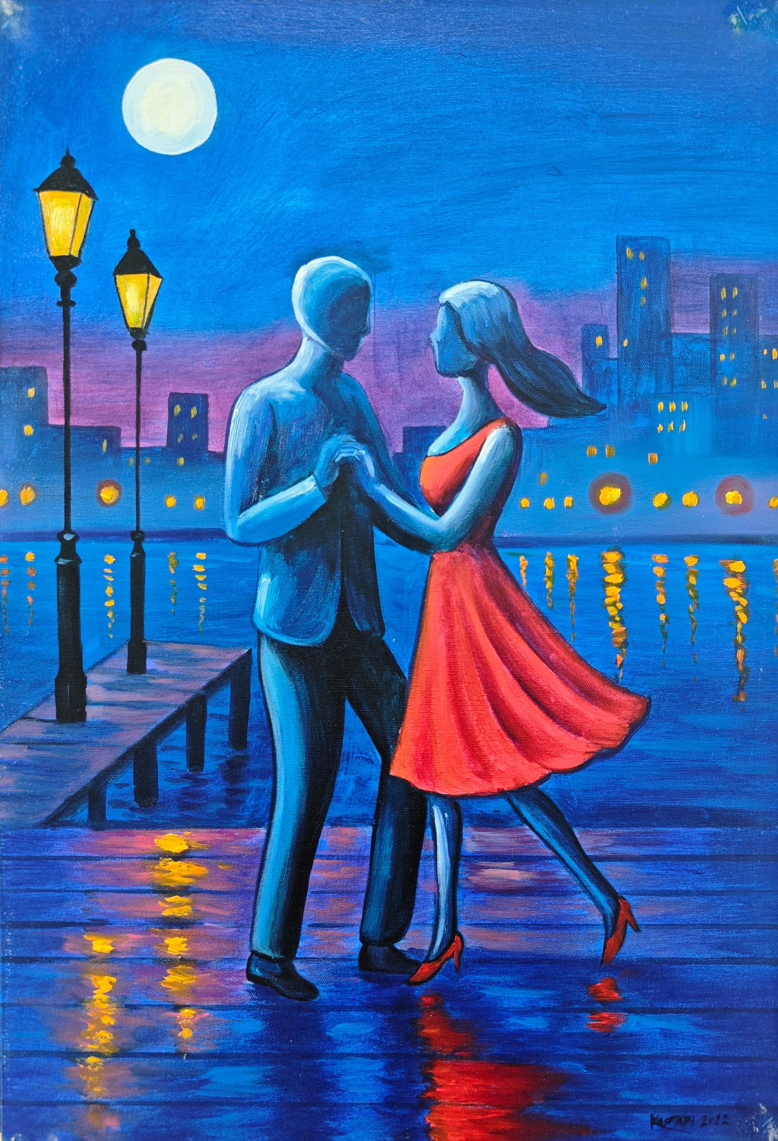 Mark Kostabi (1960-), Moonlight Negotiation, 2022: Mark Kostabi (1960-), Moonlight Negotiation, 2022, H x W: 60 x 40 cm, acrylic on canvas. The work is signed and dated by the artist on recto, and bears the title inscription, size and date on verso.