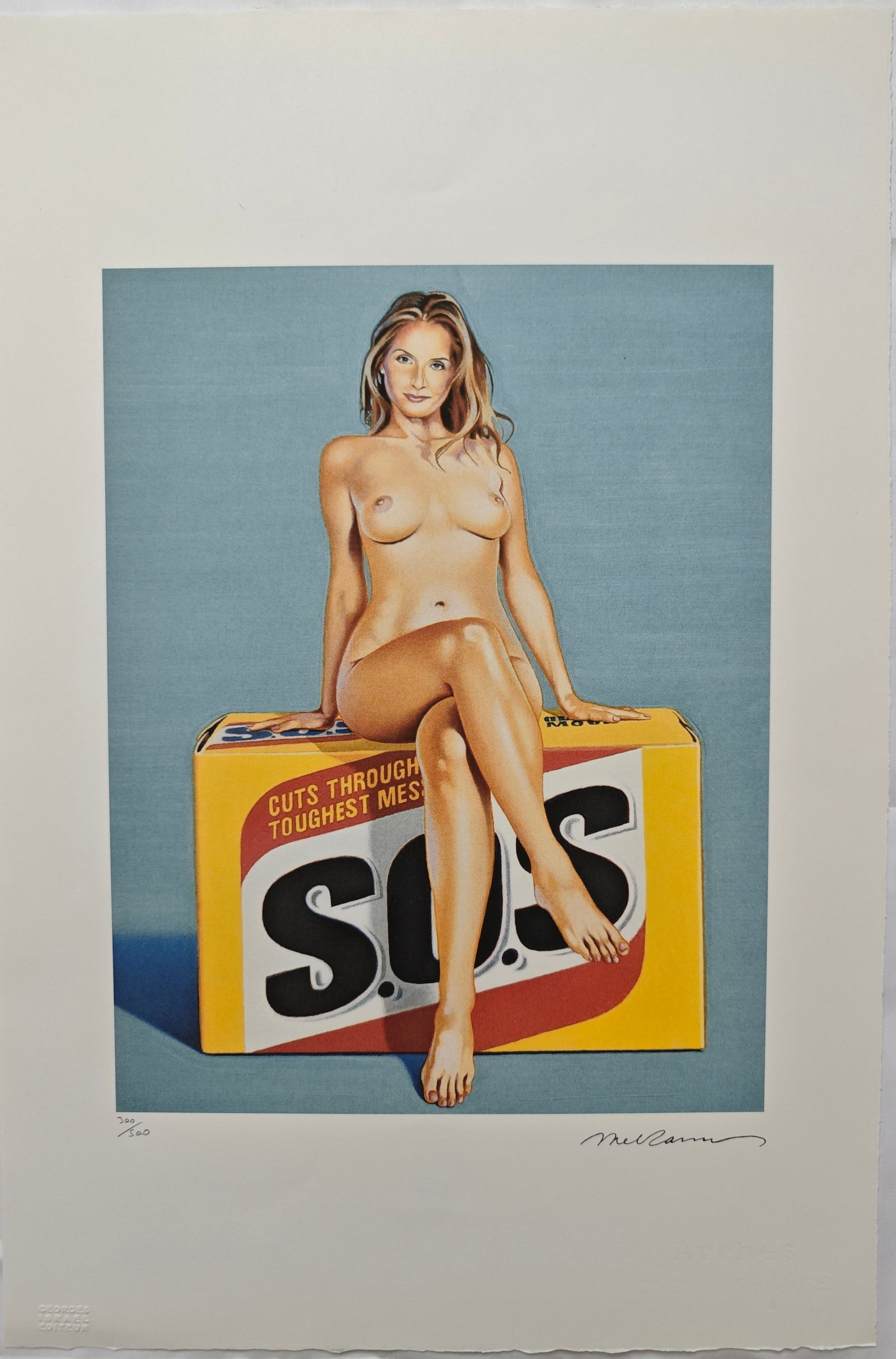 Mel Ramos (1935-2018), S.O.S, Later: Mel Ramos (1935-2018), S.O.S, Later (printed later), H x W: 57 x 38 cm, lithograph on Arches paper. Signed and numbered on recto. Bears the Georges Israel Editeur blindstamp. Accompanying this lot is