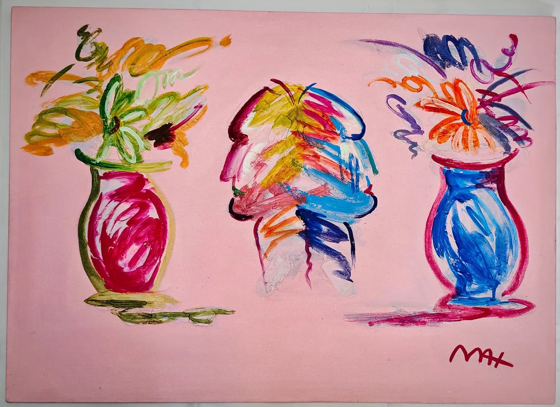 Peter Max (b. 1937), Duality With Vase of Flowers Ver. X, 21st century: Peter Max (b. 1937), Duality With Vase of Flowers Ver. X, 21st century, acrylic on canvas measuring 69.9 x 50.2 cm (H x W). The work is signed by the artist, and bears the artist stamp on verso, inclu