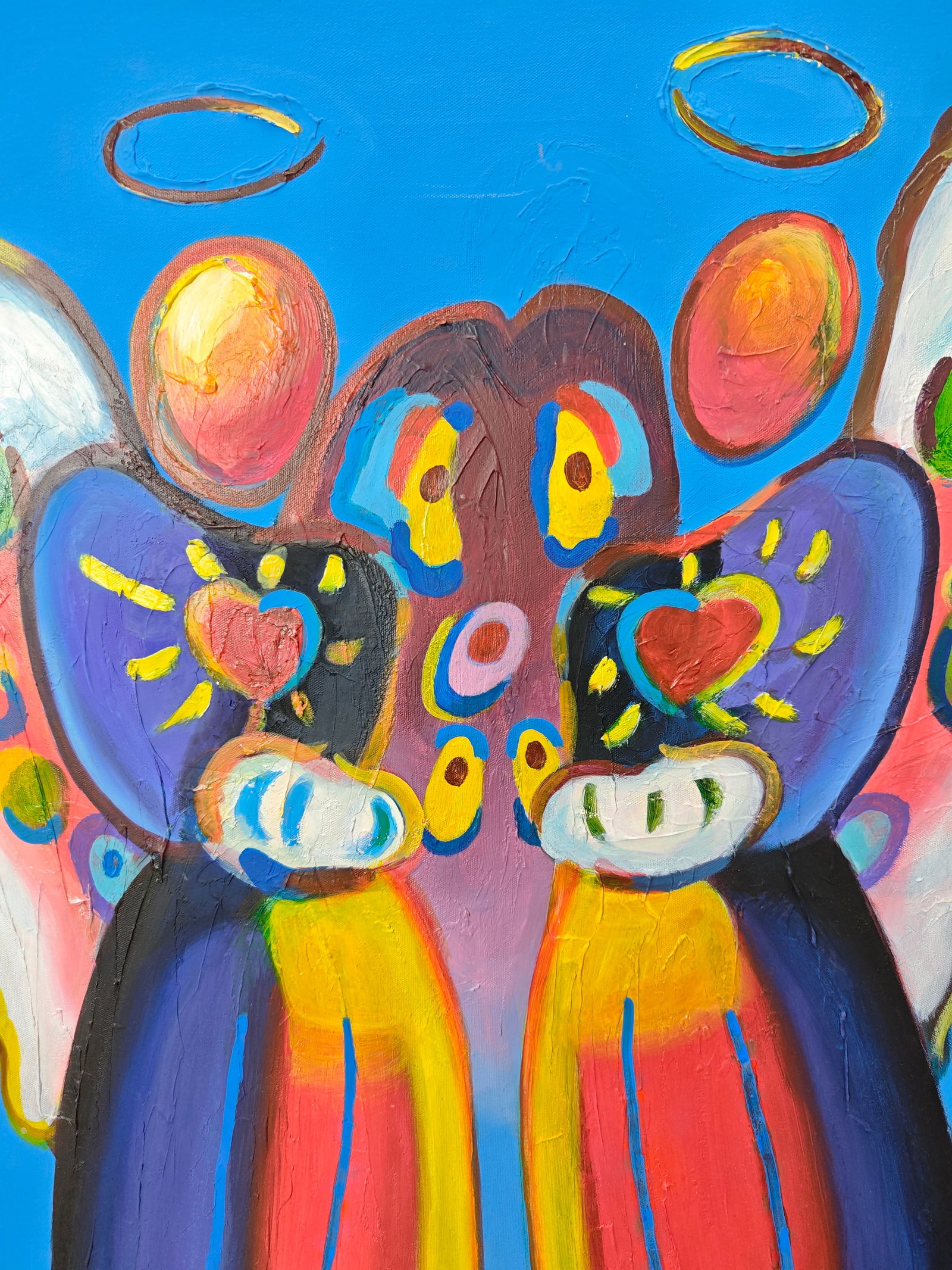 Peter Max (1937-), Twin Angels With Hearts Ver. XV, 21st century: Peter Max (1937-), Twin Angels With Hearts Ver. XV, 21st century, H x W: 80 x 60 cm, acrylic on canvas. The work is signed by the artist on recto, and bears the artist stamp on verso, including variou