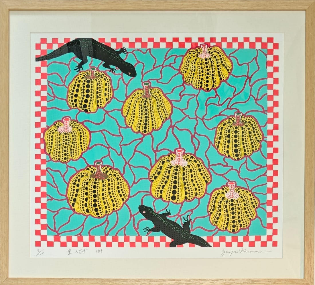 Yayoi Kusama (1929-), Black Lizards, 1989: Yayoi Kusama (1929-), Black Lizards, 1989, H x L: 53.5 x 61.0 cm, silkscreen print. Signed, titled, and numbered by the artist (from the edition of 100). Sold unframed.